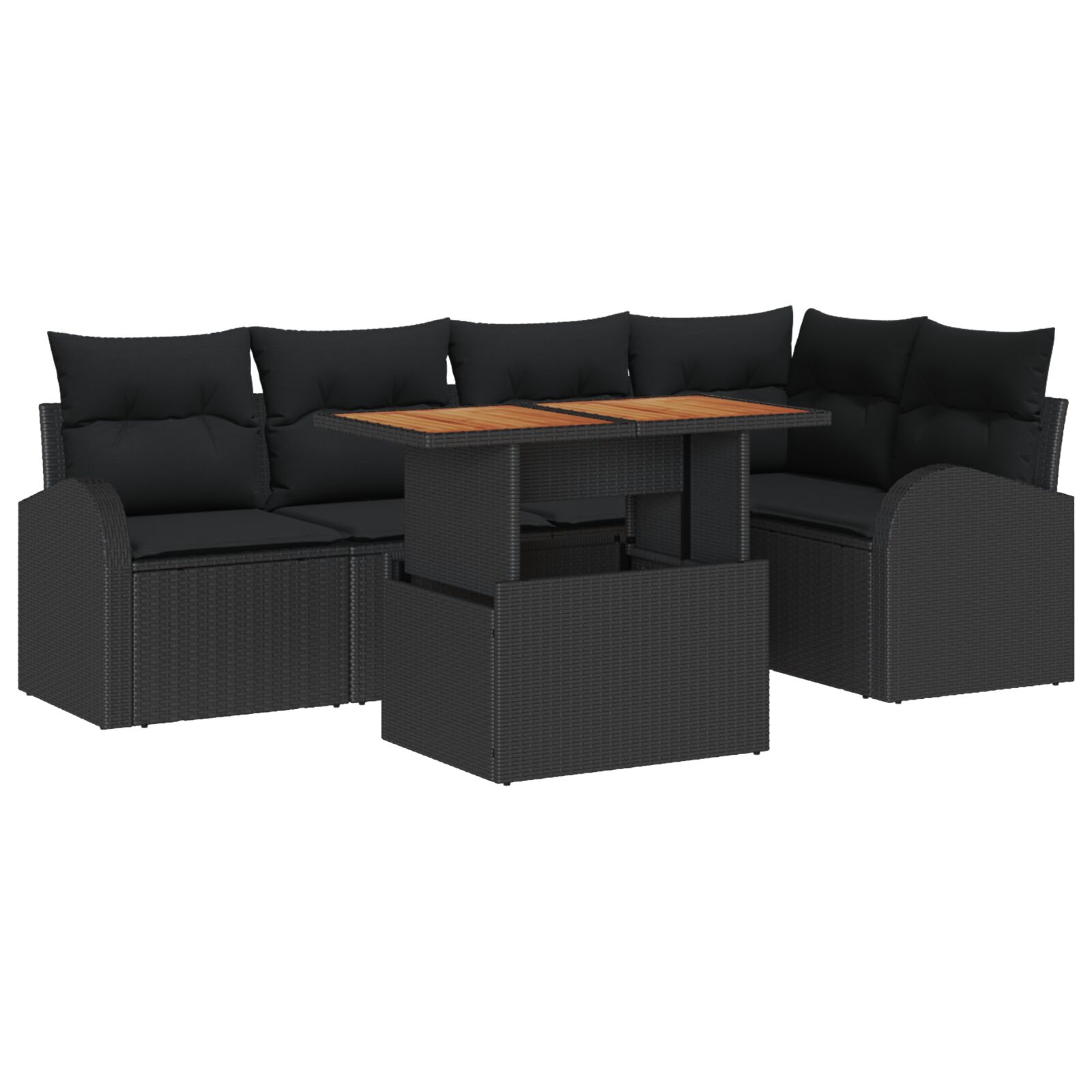 6-teiliges Garten Sofa Set mit Kissen Schwarz Poly Rattan, 2-Sitzer Garten Sofa mit Stauraum & Kissen Schwarz Poly Rattan