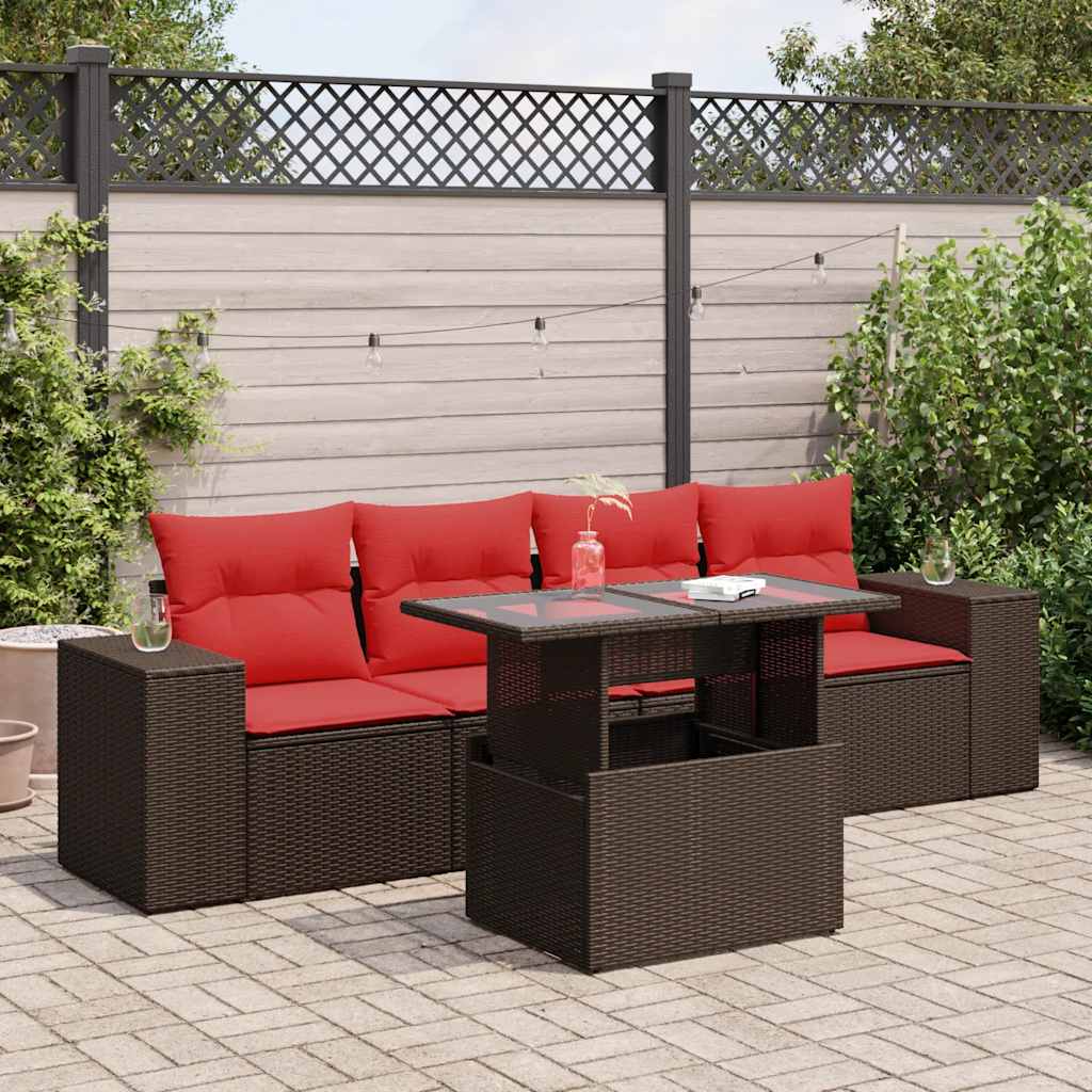 5-tlg. Garten-Sofagarnitur mit Kissen Braun Poly Rattan Akazie 5-tlg. Garten-Sofagarnitur mit Kissen Braun Poly Rattan Akazie