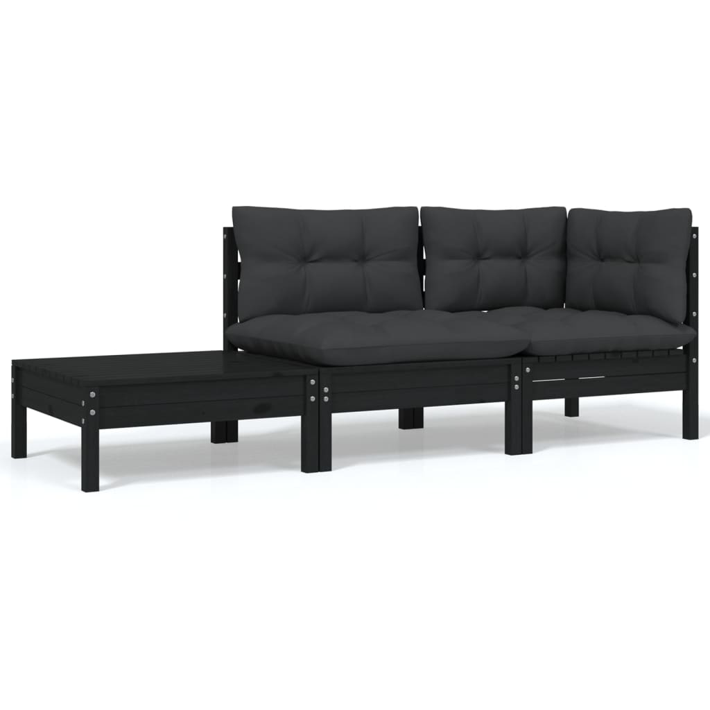 3-tlg. Garten-Lounge-Set mit Kissen Schwarz Kiefer Massivholz 3-tlg. Garten-Lounge-Set mit Kissen Schwarz Kiefer Massivholz