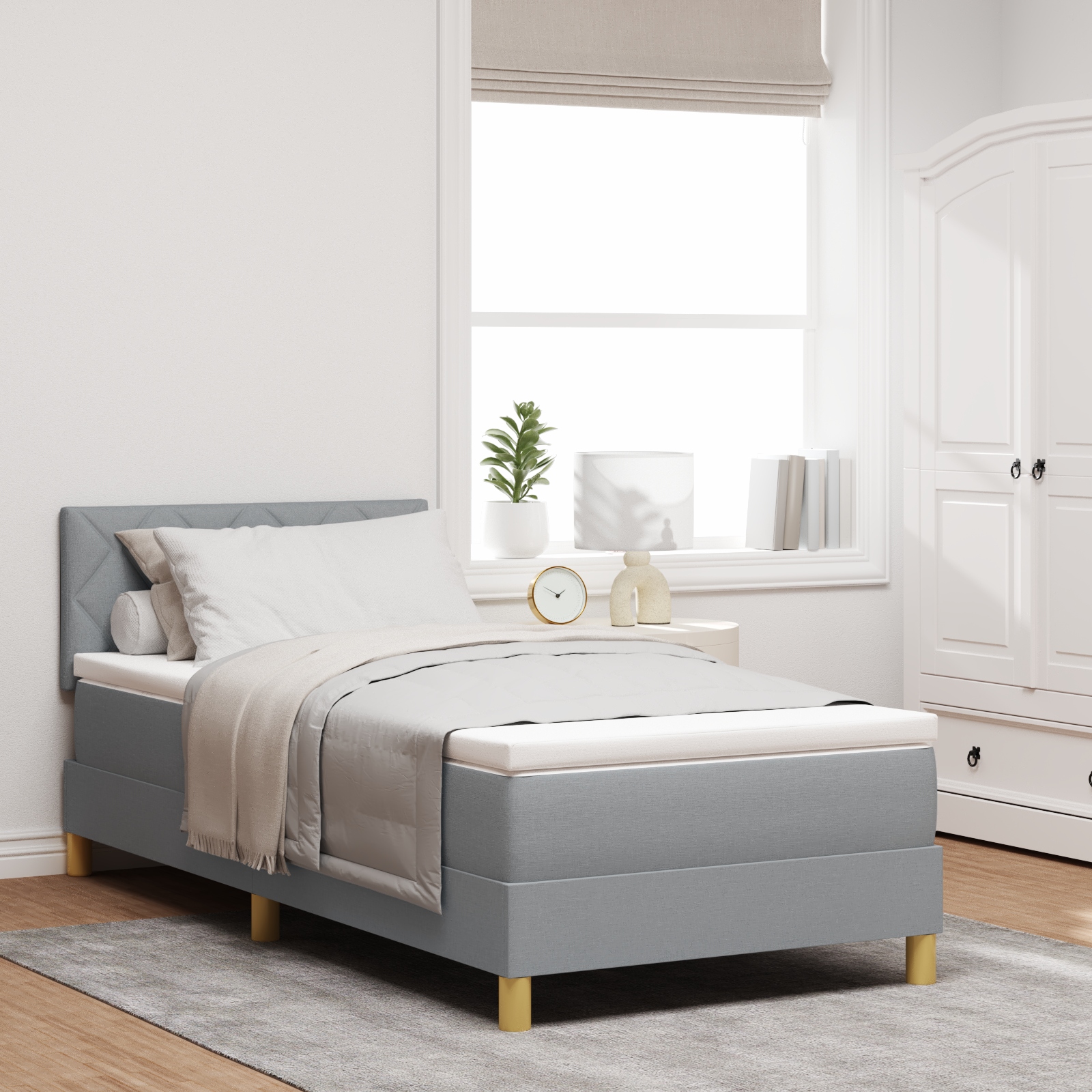 Boxspringbett mit Matratze & LED in Hellgrau 90x200 cm aus Stoff