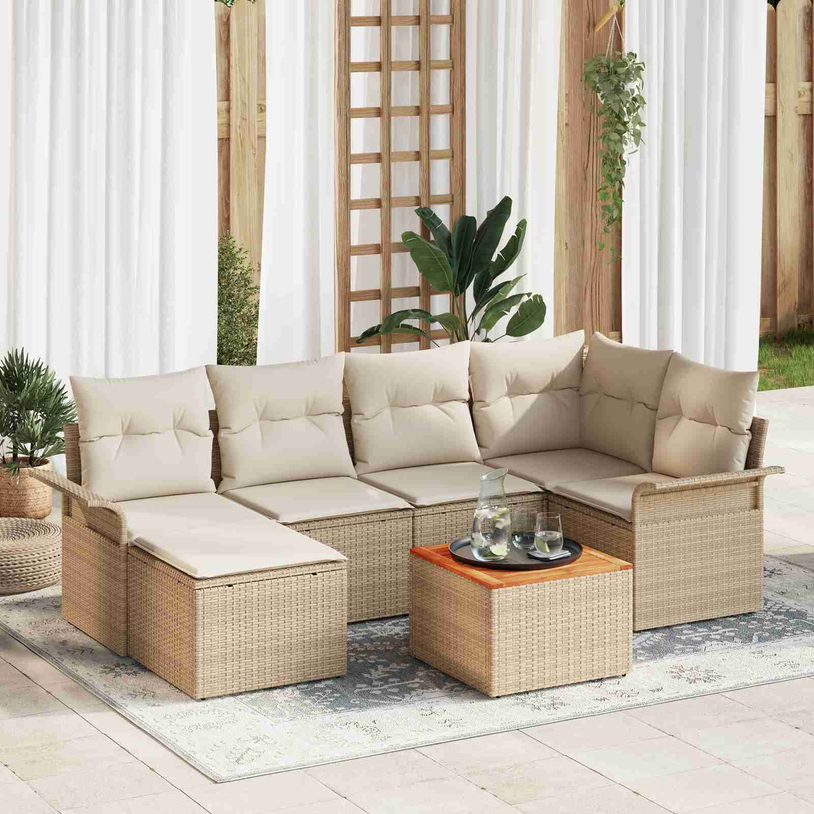 7-teiliges Garten-Sofa-Set mit Kissen Beige Poly-Rattan Akazie 7-teiliges Garten-Sofa-Set mit Kissen Beige Poly-Rattan Akazie