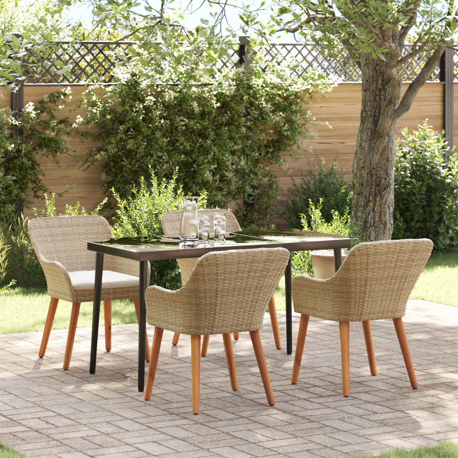5-teiliges Garten Esstischset Beige Poly Rattan