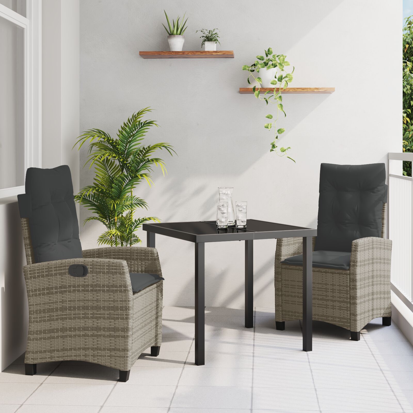 3-teilige Garten-Esstischgruppe mit Kissen Grau Poly Rattan