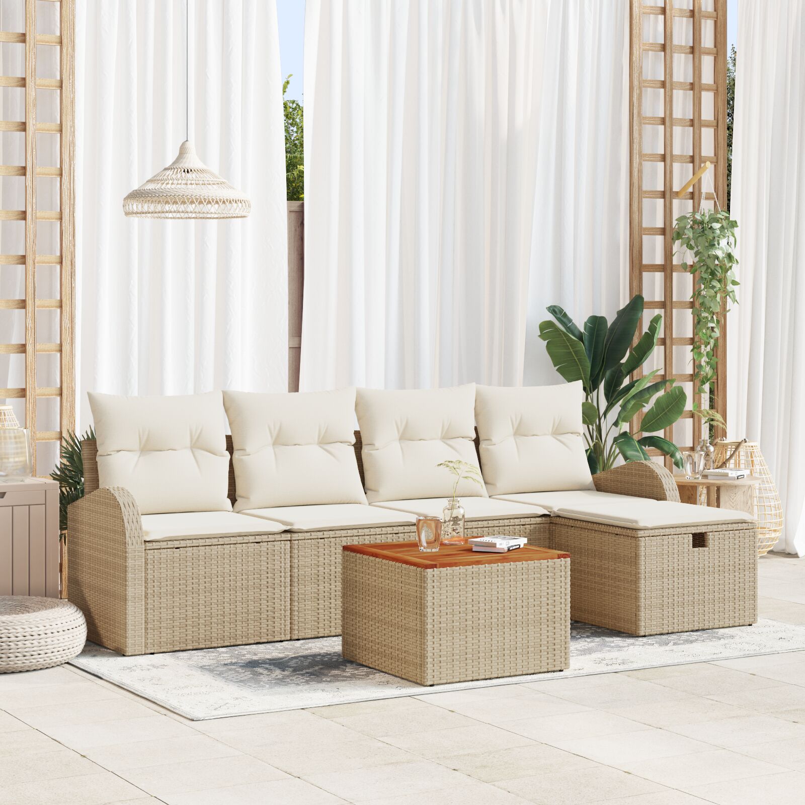 6-teiliges Garten-Sofa-Set mit Kissen Beige Poly Rattan