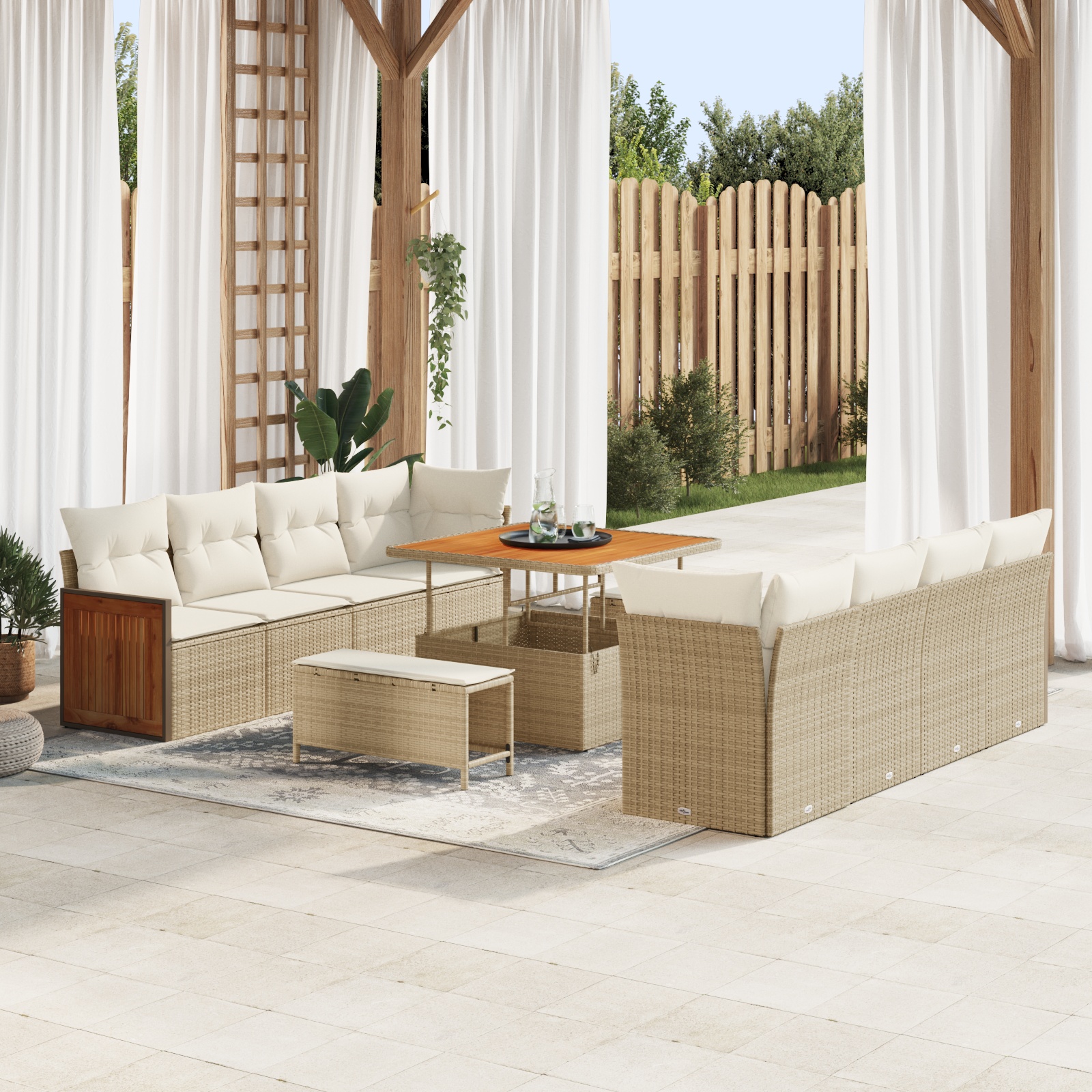 11-tlg. Garten Sofa Set mit Kissen Beige Poly Rattan Akazie 11-tlg. Garten Sofa Set mit Kissen Beige Poly Rattan Akazie