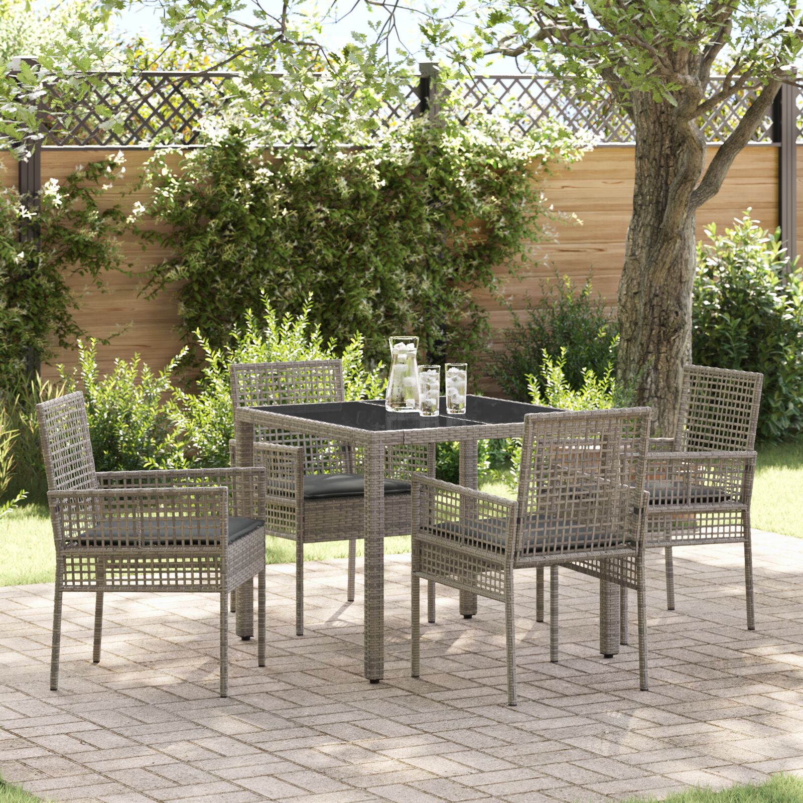 vidaXL 5-teiliges Garten-Esszimmer-Set mit Kissen Grau Poly-Rattan vidaXL 5-teiliges Garten-Esszimmer-Set mit Kissen Grau Poly-Rattan