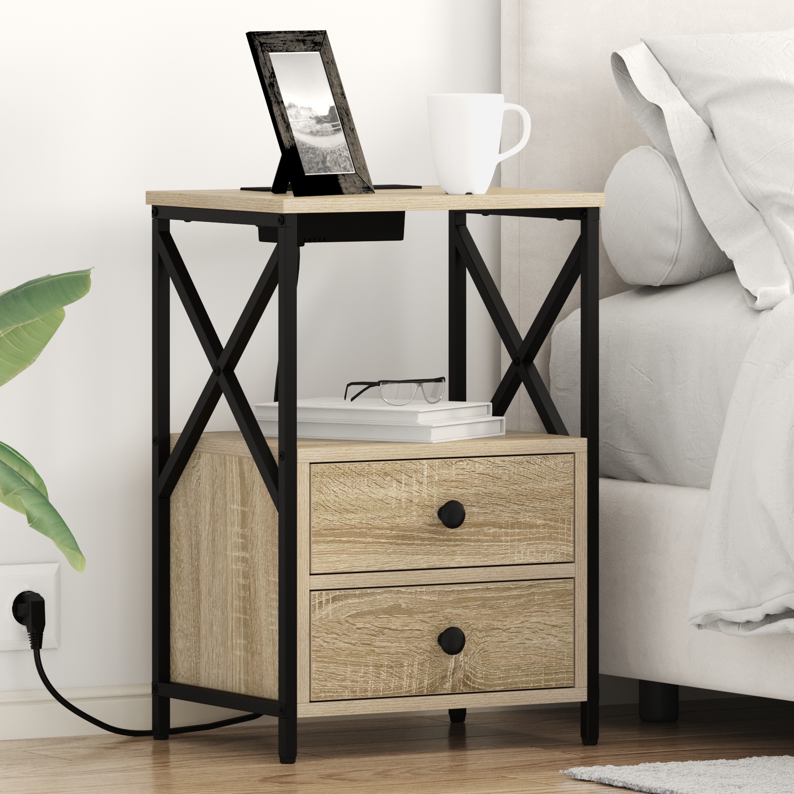 Nachttisch mit Ladestation 2 pcs Sonoma Eiche Holzwerkstoff
