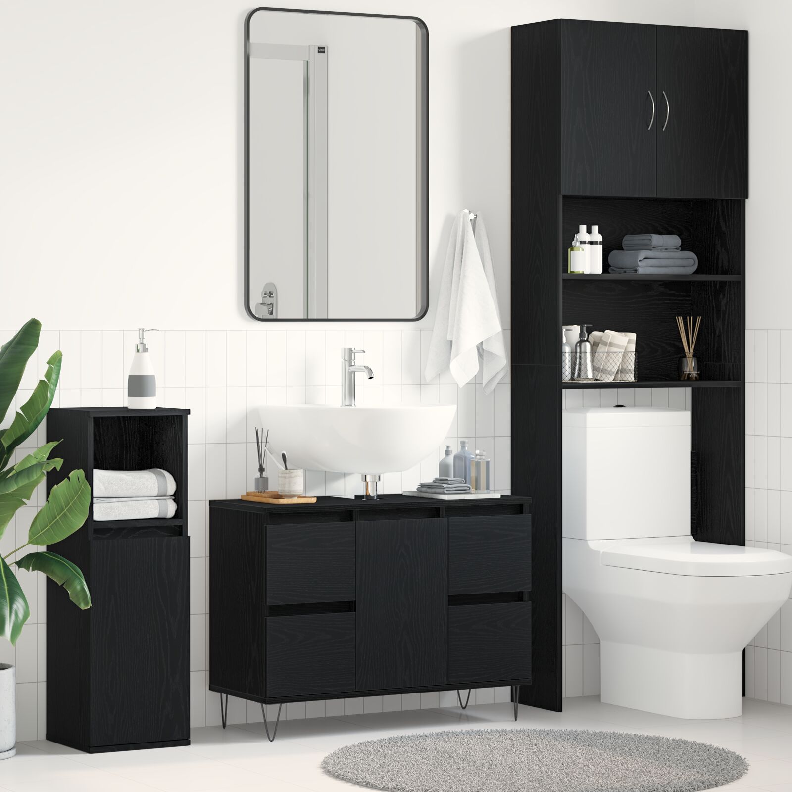 vidaXL Badezimmer-Waschbeckenunterschrank Schwarz Eiche 80x33x60 cm Holzwerkstoff