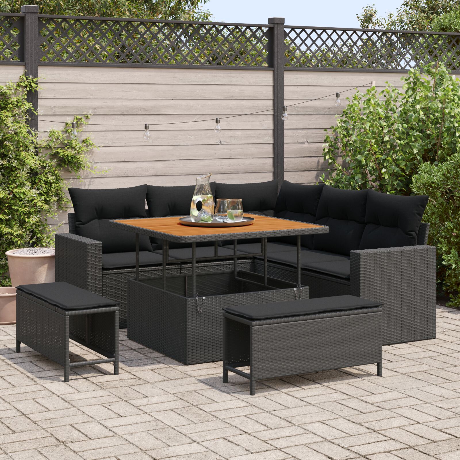 8-teiliges Garten-Sofa-Set mit Kissen Schwarz Poly-Rattan Akazie, 3-teiliges Garten-Ess-Set mit Kissen Schwarz Poly-Rattan Akazie