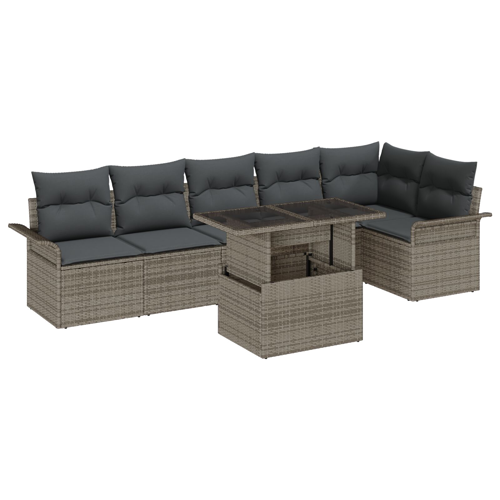 7-teiliges Garten-Sofa-Set mit Kissen Grau Poly-Rattan, 2-Sitzer Garten-Sofa mit Stauraum & Kissen Grau Poly-Rattan