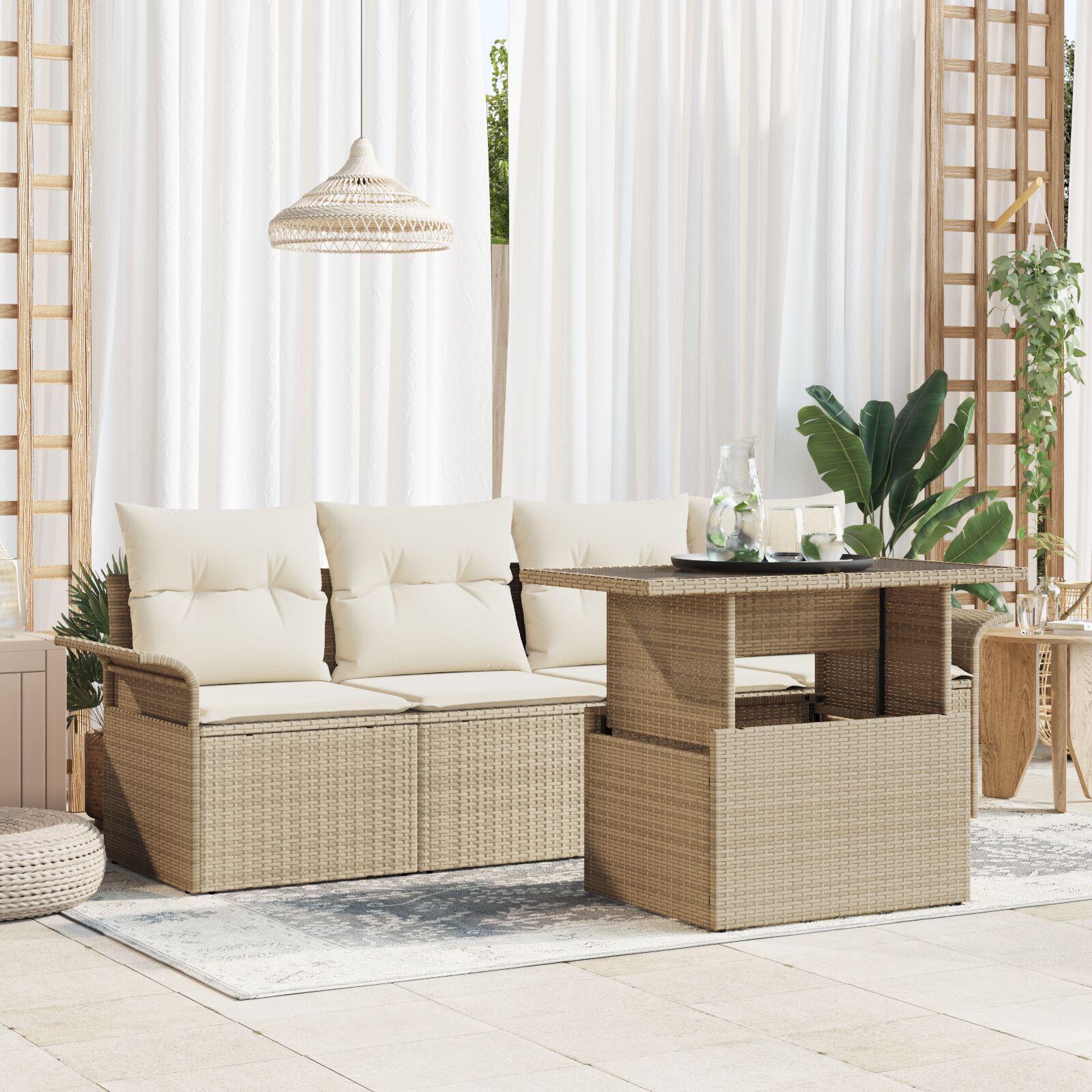 5-teiliges Garten Sofa Set mit Kissen Beige Poly Rattan