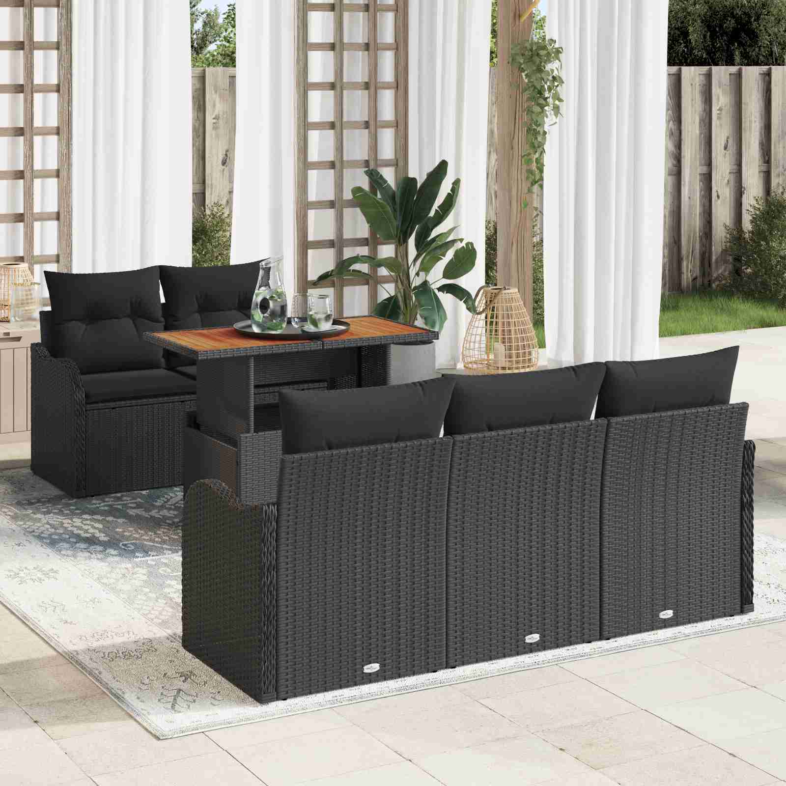 6-teiliges Garten Sofa Set mit Kissen Schwarz Poly Rattan 6-teiliges Garten Sofa Set mit Kissen Schwarz Poly Rattan