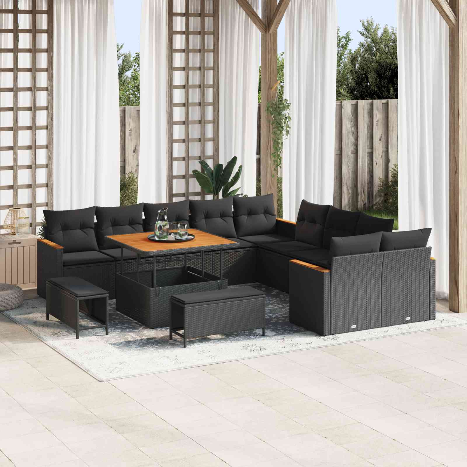 13-teiliges Garten Sofa Set mit Kissen Schwarz Poly Rattan Akazie