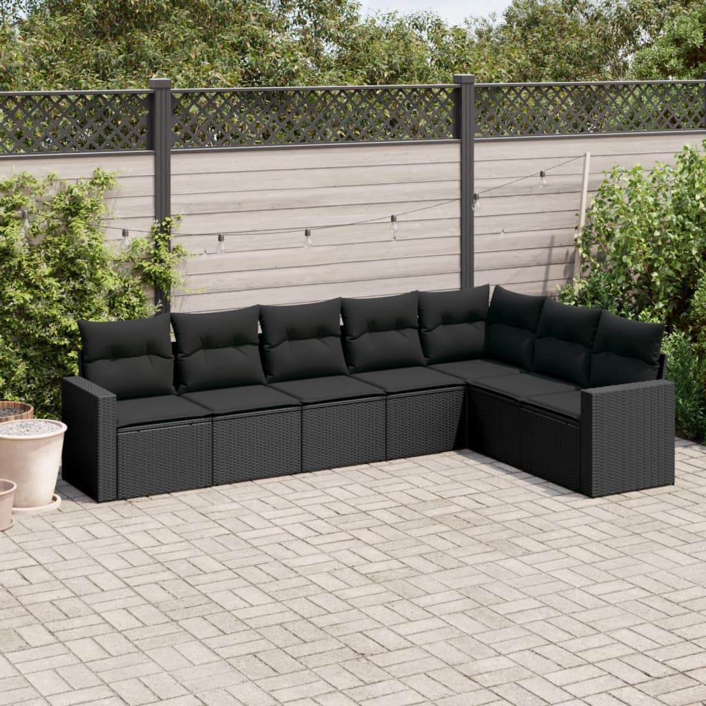 7-tlg. Garten-Sofagarnitur mit Kissen Schwarz Poly Rattan 7-tlg. Garten-Sofagarnitur mit Kissen Schwarz Poly Rattan