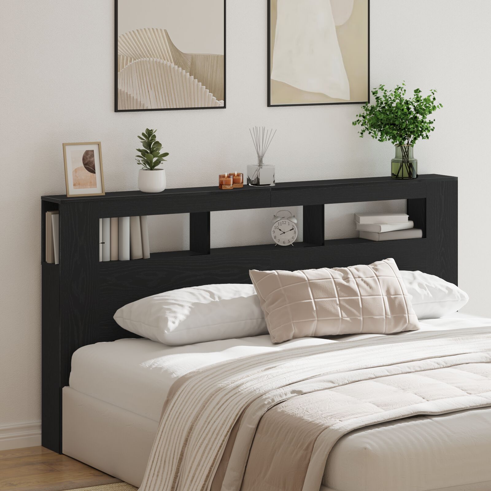 vidaXL Stauraum-Kopfteil mit LED-Lichtern Schwarz Eiche 200x18,5x103,5 cm