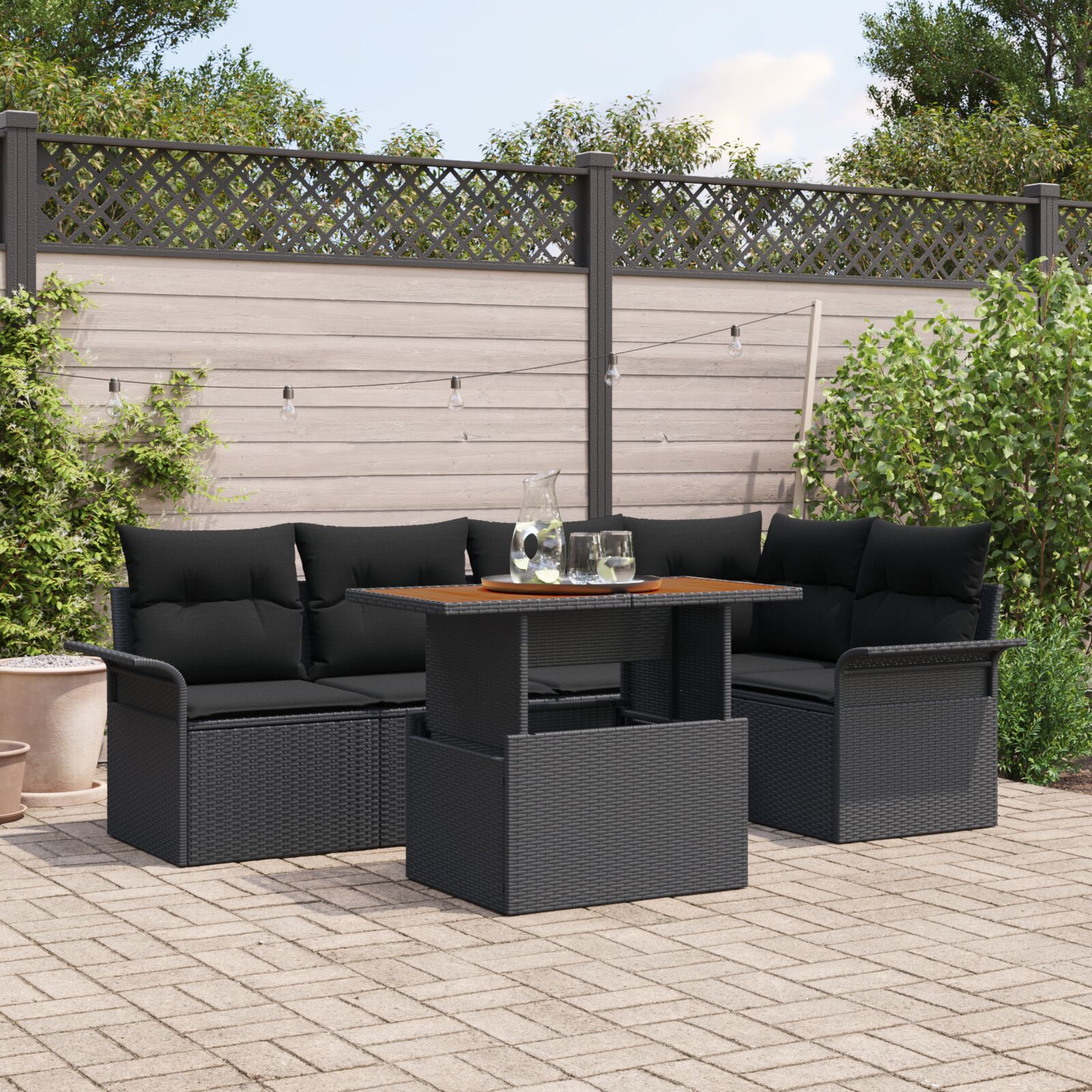 6-teiliges Garten Esstisch Set mit Kissen Schwarz Poly Rattan Akazie 6-teiliges Garten Esstisch Set mit Kissen Schwarz Poly Rattan Akazie
