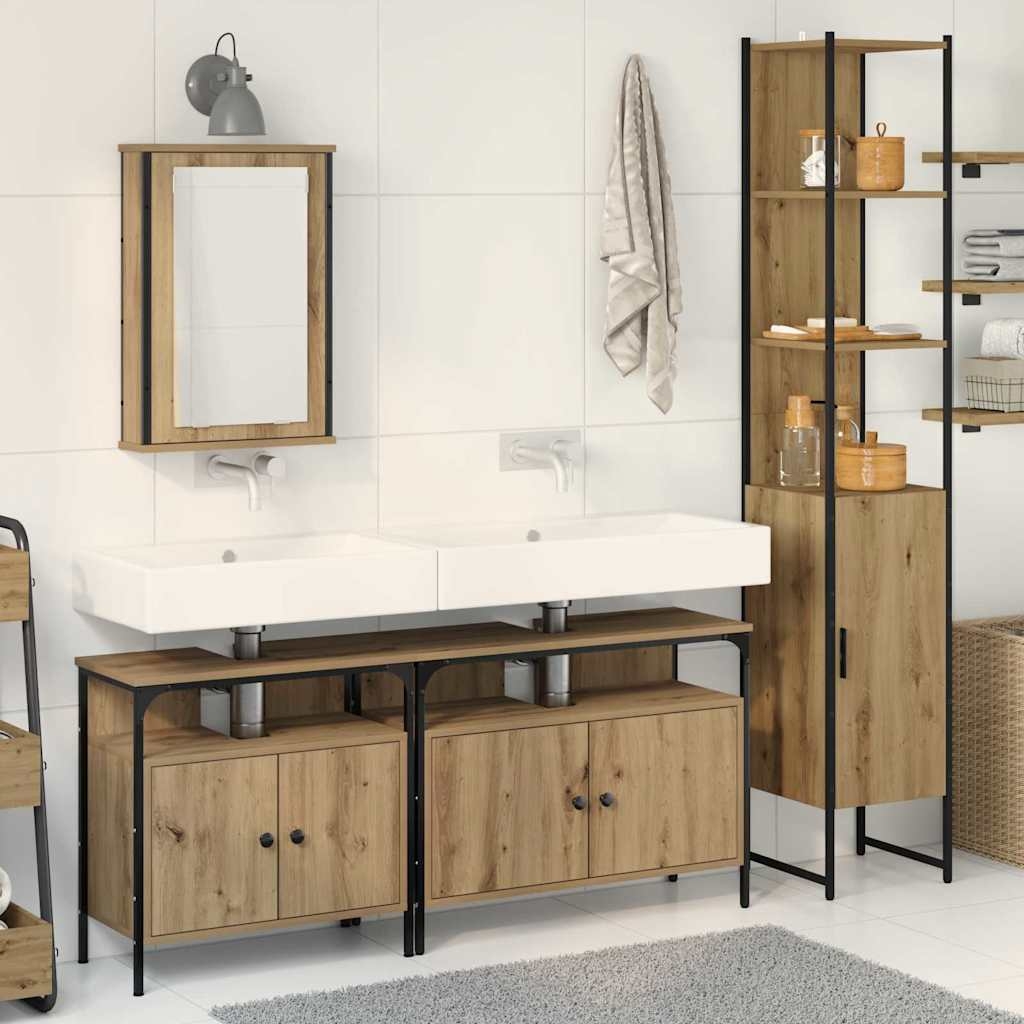 4-teiliges Badezimmermöbel-Set aus Artisan-Eiche, beschichtetem Holz
