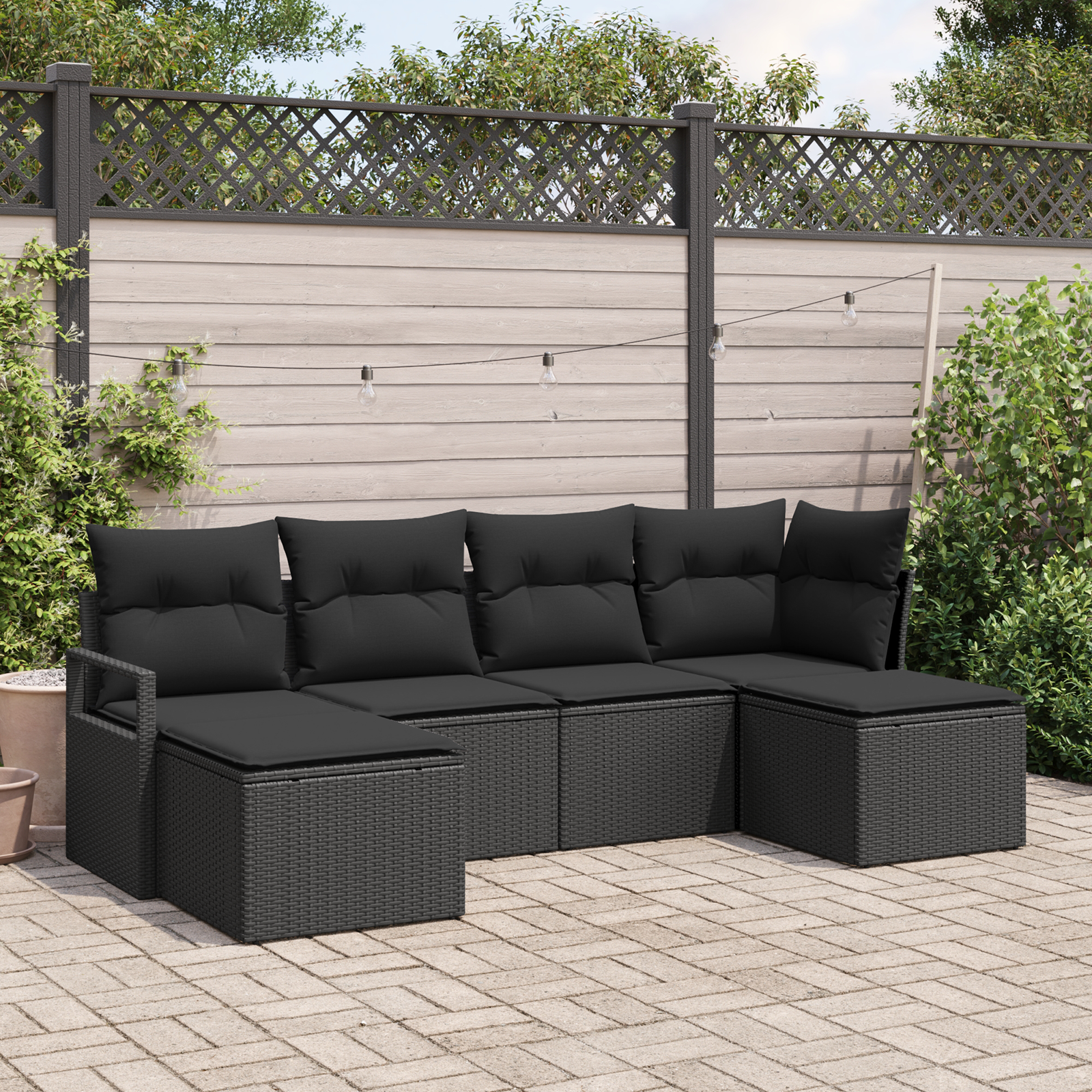 6-teiliges Garten Sofa Set mit Kissen Schwarz Poly Rattan