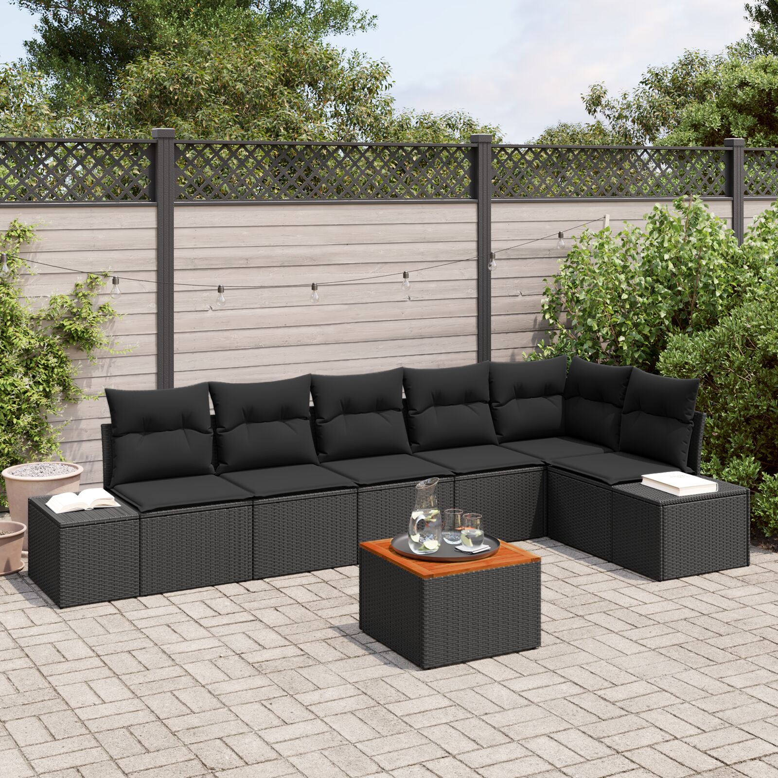 7-teiliges Garten-Sofa-Set mit Kissen Schwarz Poly-Rattan Akazie