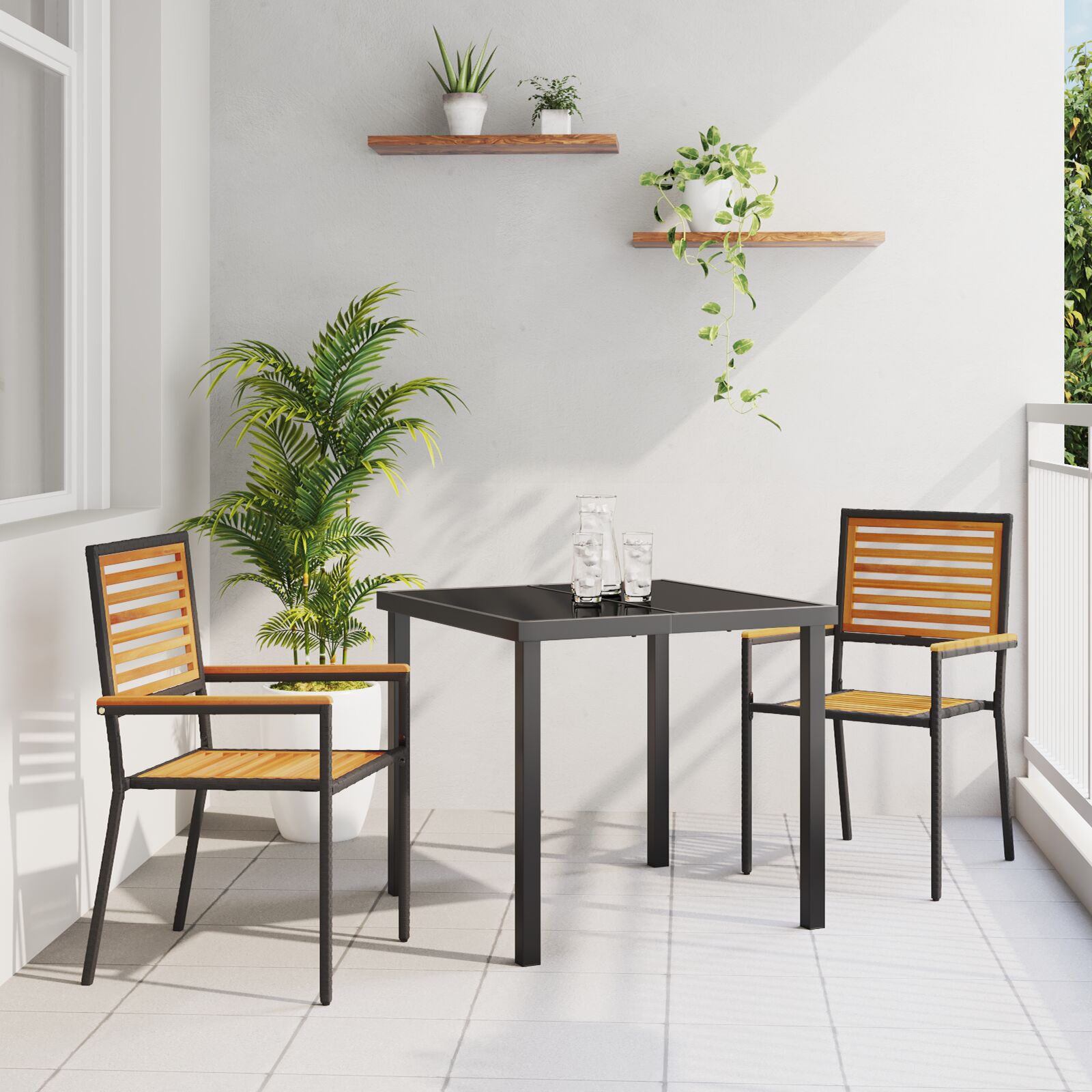 Stapelbare Gartenstühle mit Kissen, 2 Stück, Schwarz, Poly Rattan