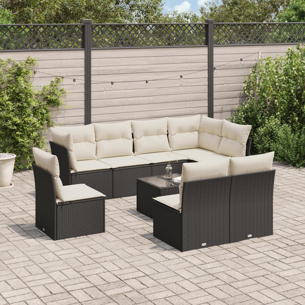 9-tlg. Garten-Sofagarnitur mit Kissen Schwarz Poly Rattan 9-tlg. Garten-Sofagarnitur mit Kissen Schwarz Poly Rattan