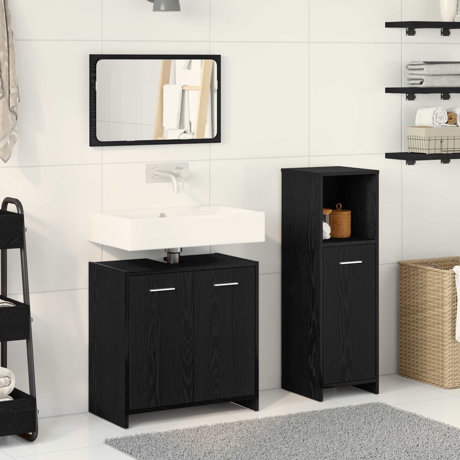 3-teiliges Badezimmermöbel-Set Schwarz-Eiche Holzwerkstoff