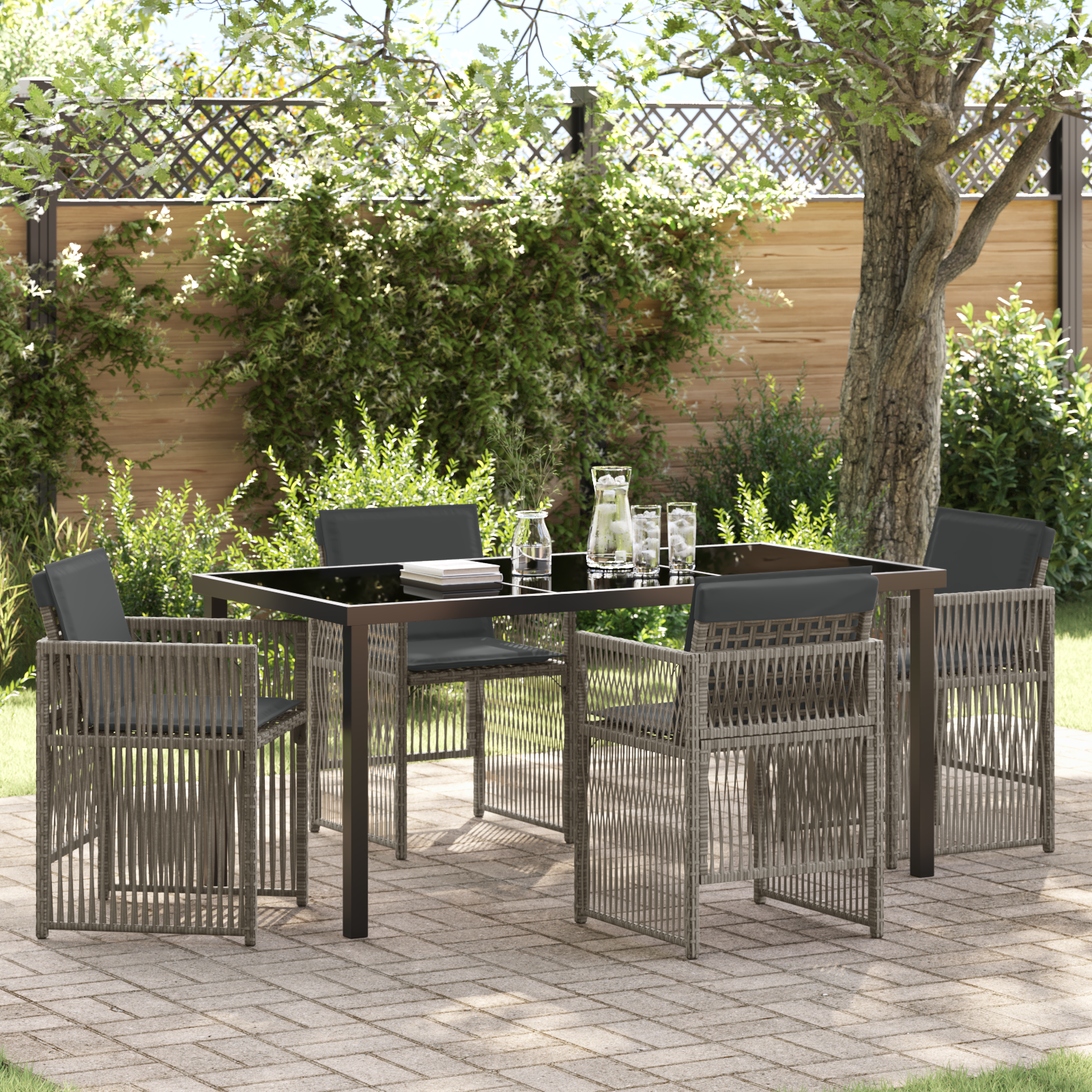 5-teilige Garten Essgruppe mit Kissen Grau Poly Rattan