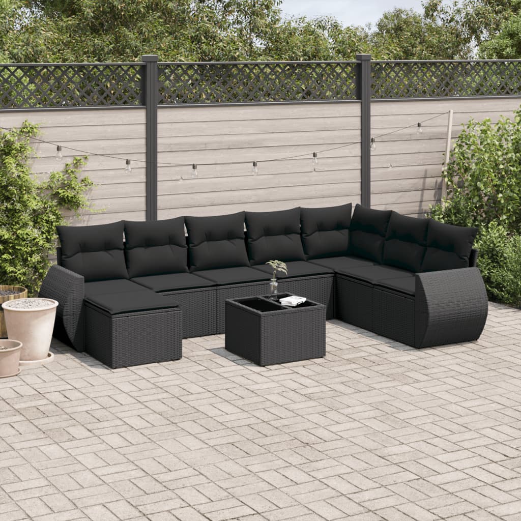 9-tlg. Garten-Sofagarnitur mit Kissen Schwarz Poly Rattan 9-tlg. Garten-Sofagarnitur mit Kissen Schwarz Poly Rattan