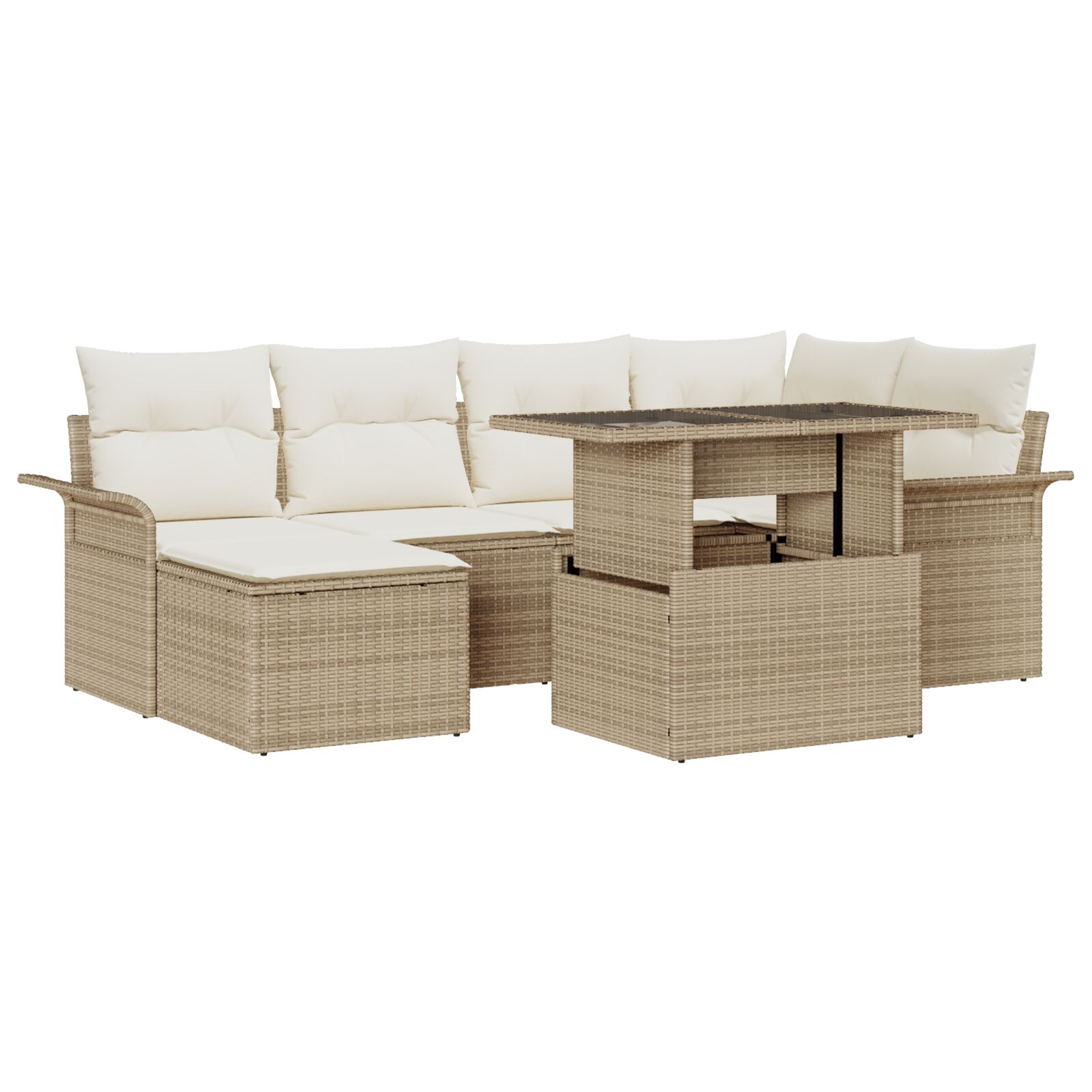 7-teiliges Garten Sofa Set mit Kissen Beige Poly Rattan, 2-Sitzer Garten Sofa mit Stauraum & Kissen Beige Poly Rattan