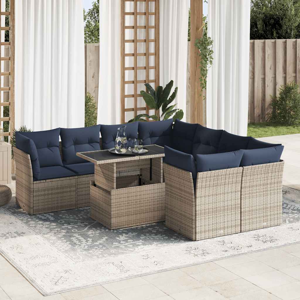 9-tlg. Garten-Sofagarnitur mit Kissen Grau Poly Rattan Akazie 9-tlg. Garten-Sofagarnitur mit Kissen Grau Poly Rattan Akazie