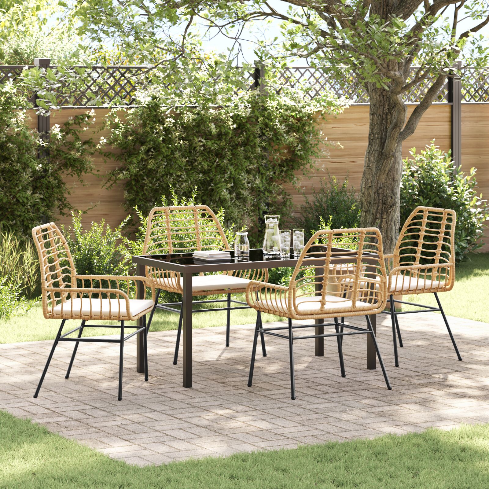 5-teiliges Garten-Essenset mit Kissen in Braun aus Poly-Rattan
