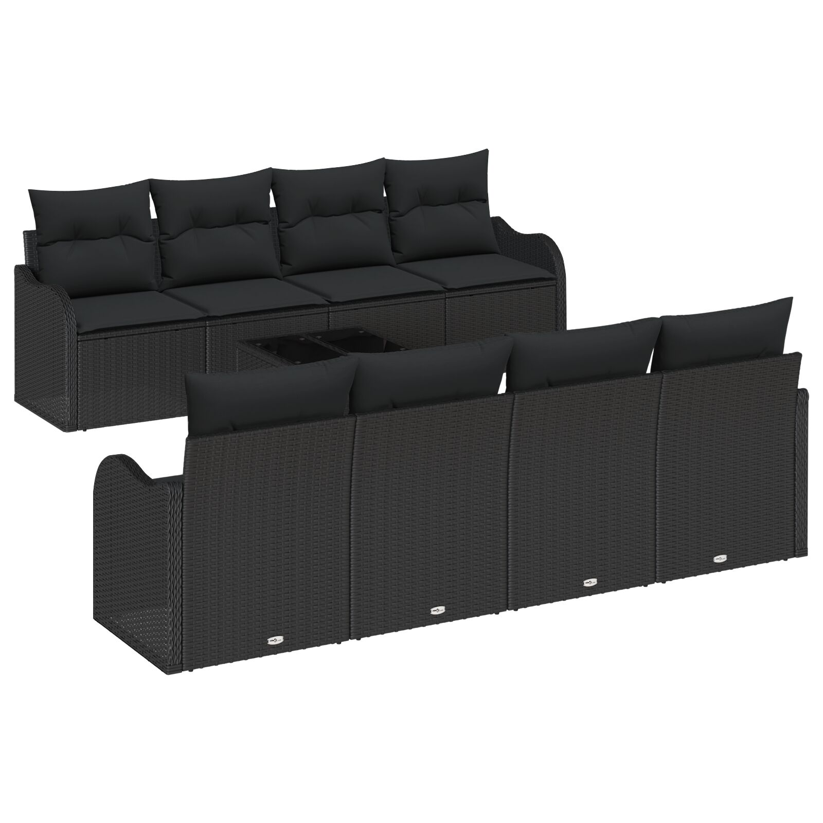 9-teiliges Garten-Sofa-Set mit Kissen Schwarz Poly Rattan, 2-Sitzer Garten-Sofa mit Kissen Schwarz Poly Rattan