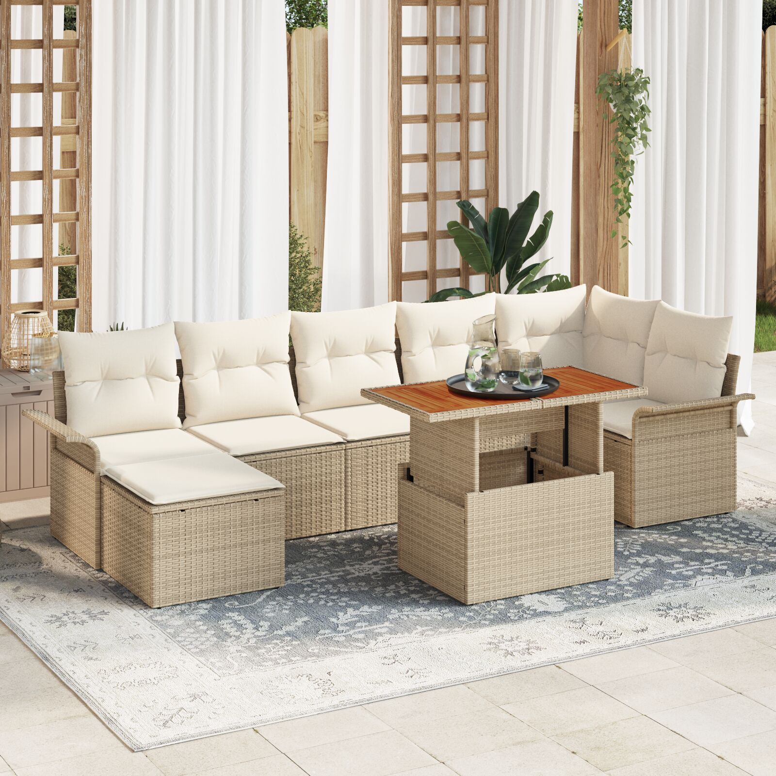 8-teilige Garten Essgruppe mit Kissen Beige Poly Rattan Akazie 8-teilige Garten Essgruppe mit Kissen Beige Poly Rattan Akazie