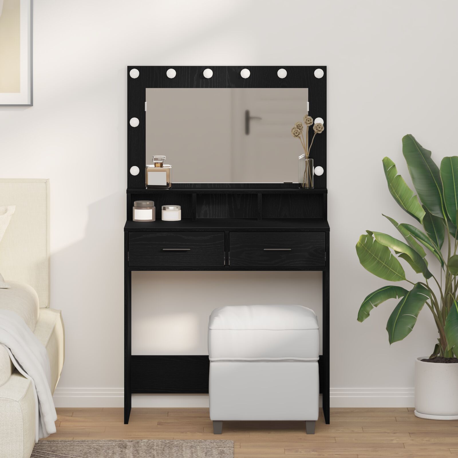 vidaXL Schminktisch mit LED-Lichtern in Schwarz und Eiche, 79x41x135 cm
