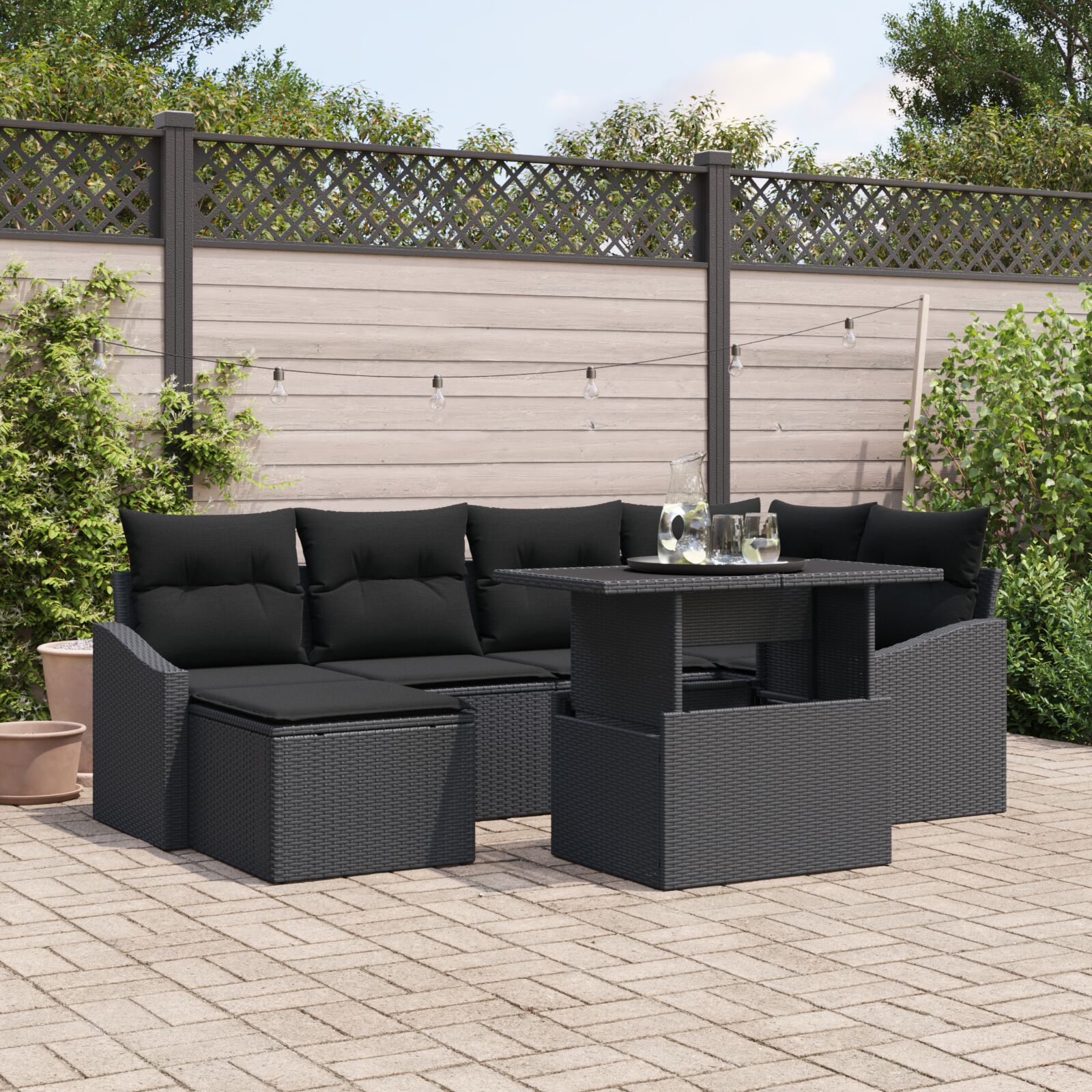 7-teiliges Garten Sofa Set mit Kissen Schwarzes Poly Rattan 7-teiliges Garten Sofa Set mit Kissen Schwarzes Poly Rattan
