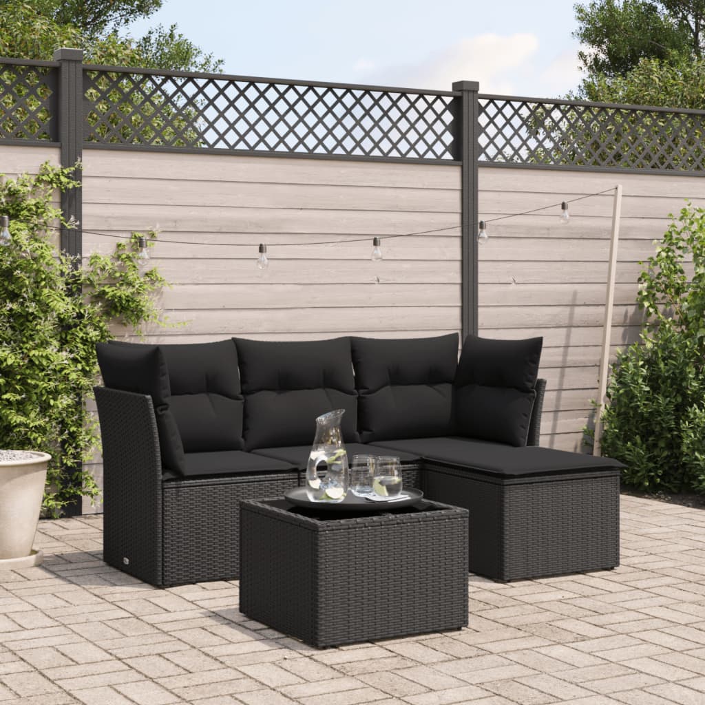 5-tlg. Garten-Sofagarnitur mit Kissen Schwarz Poly Rattan 5-tlg. Garten-Sofagarnitur mit Kissen Schwarz Poly Rattan