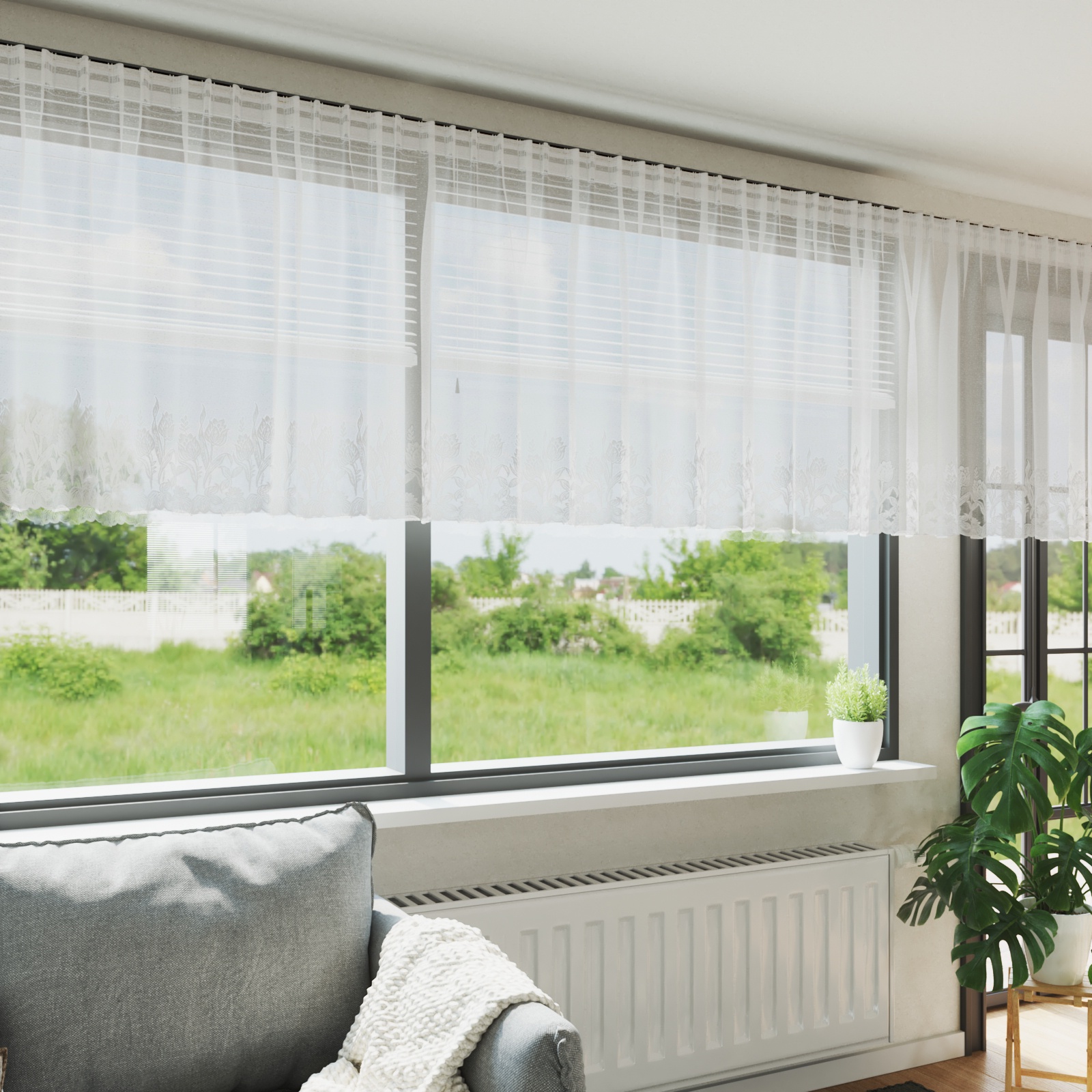 Spitzenvorhang mit Vorhängen Floral Weiß 600 x 120 cm Polyester