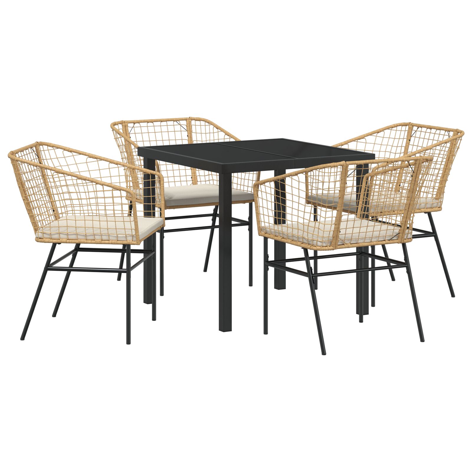 5-teiliges Garten-Essset mit Kissen braunem Poly-Rattan