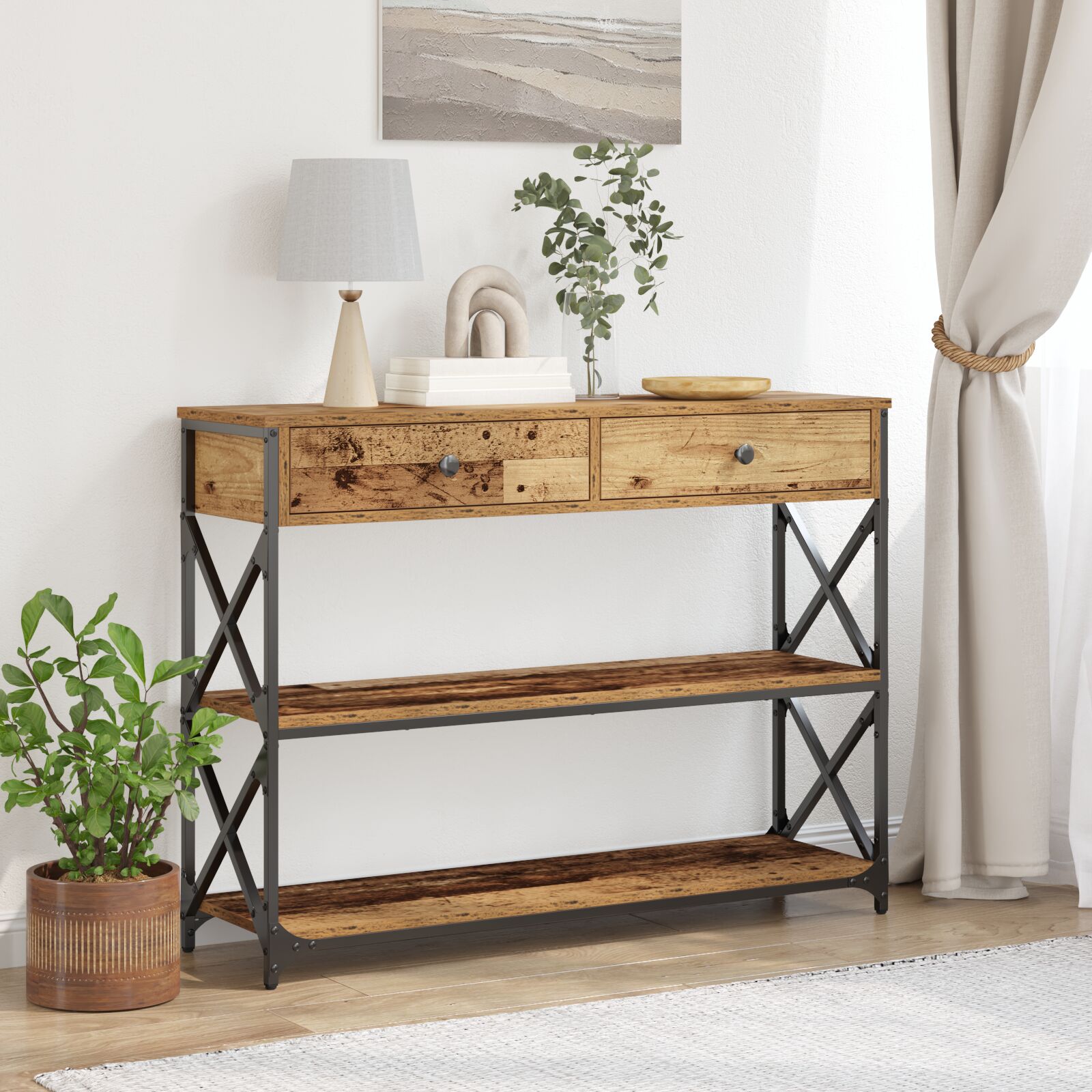 vidaXL Konsolentisch Alteiche 100x28x75 cm Besteck Holz & Stahl