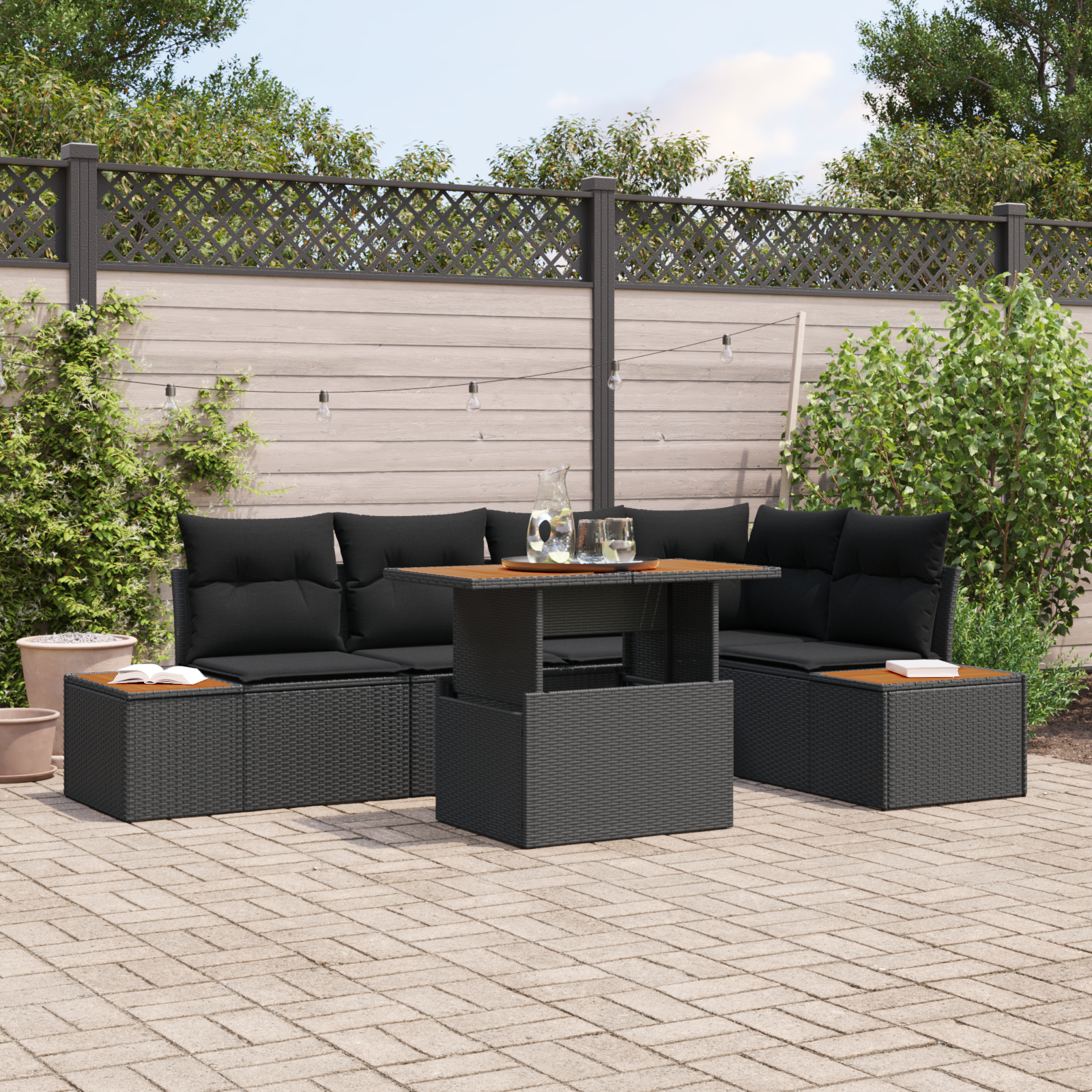 6-teiliges Garten-Esszimmer-Set mit Kissen Schwarz Poly Rattan Akazie 6-teiliges Garten-Esszimmer-Set mit Kissen Schwarz Poly Rattan Akazie