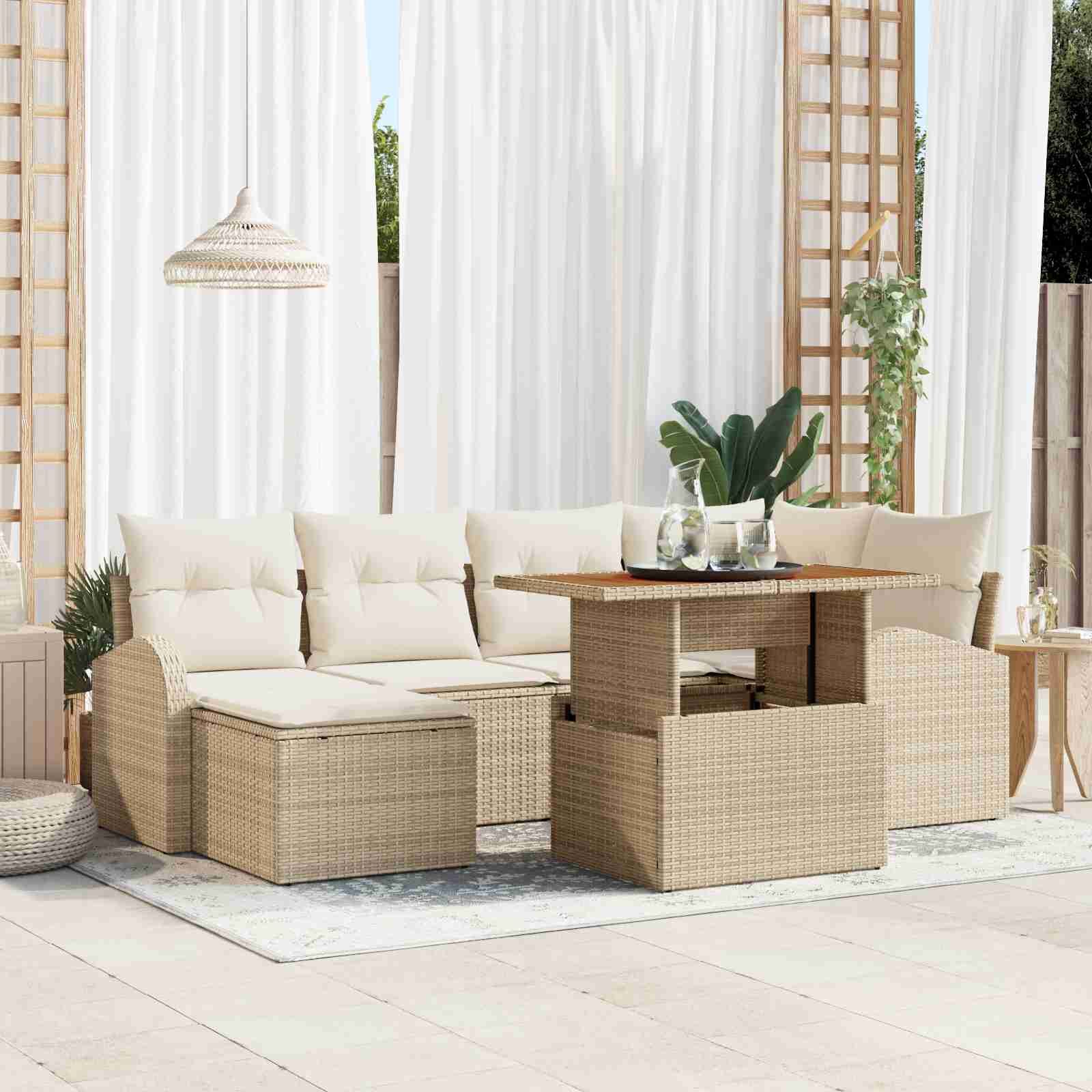 7-teiliges Garten-Sofa-Set mit Kissen Beige Poly Rattan 7-teiliges Garten-Sofa-Set mit Kissen Beige Poly Rattan