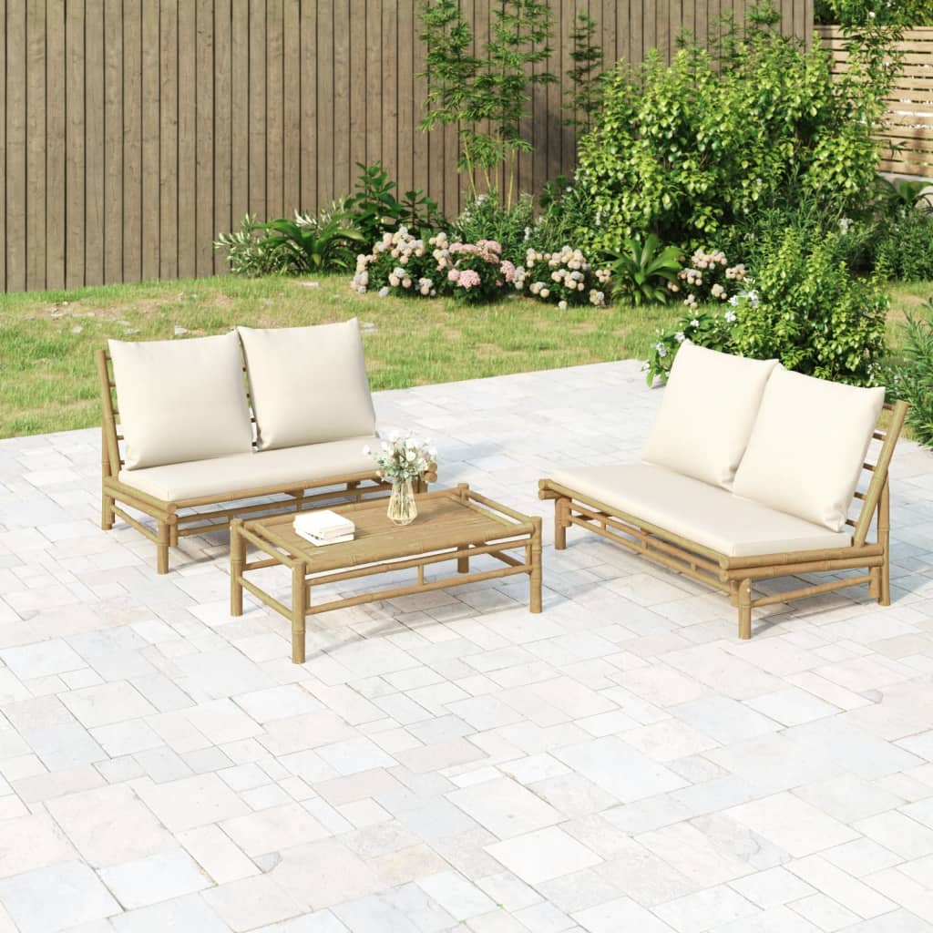 3-tlg. Garten-Lounge-Set mit Kissen Creme Bambus 3-tlg. Garten-Lounge-Set mit Kissen Creme Bambus
