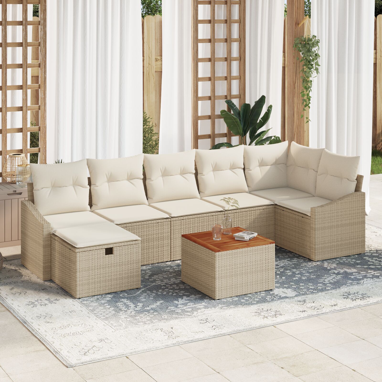 8-teiliges Garten Sofa Set mit Kissen Beige Poly Rattan