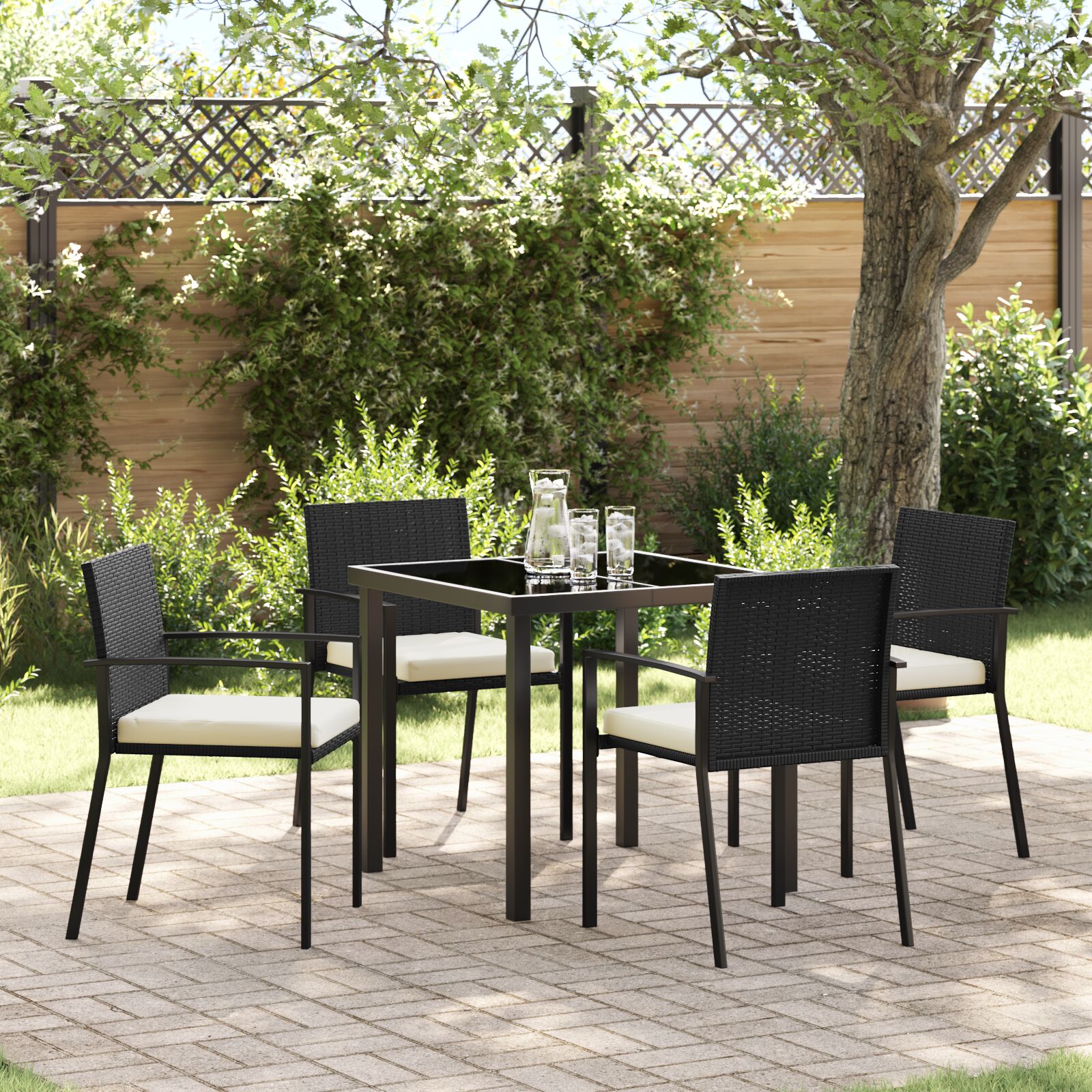 5-teiliges Garten-Esstischset aus schwarzem Poly-Rattan 5-teiliges Garten-Esstischset aus schwarzem Poly-Rattan
