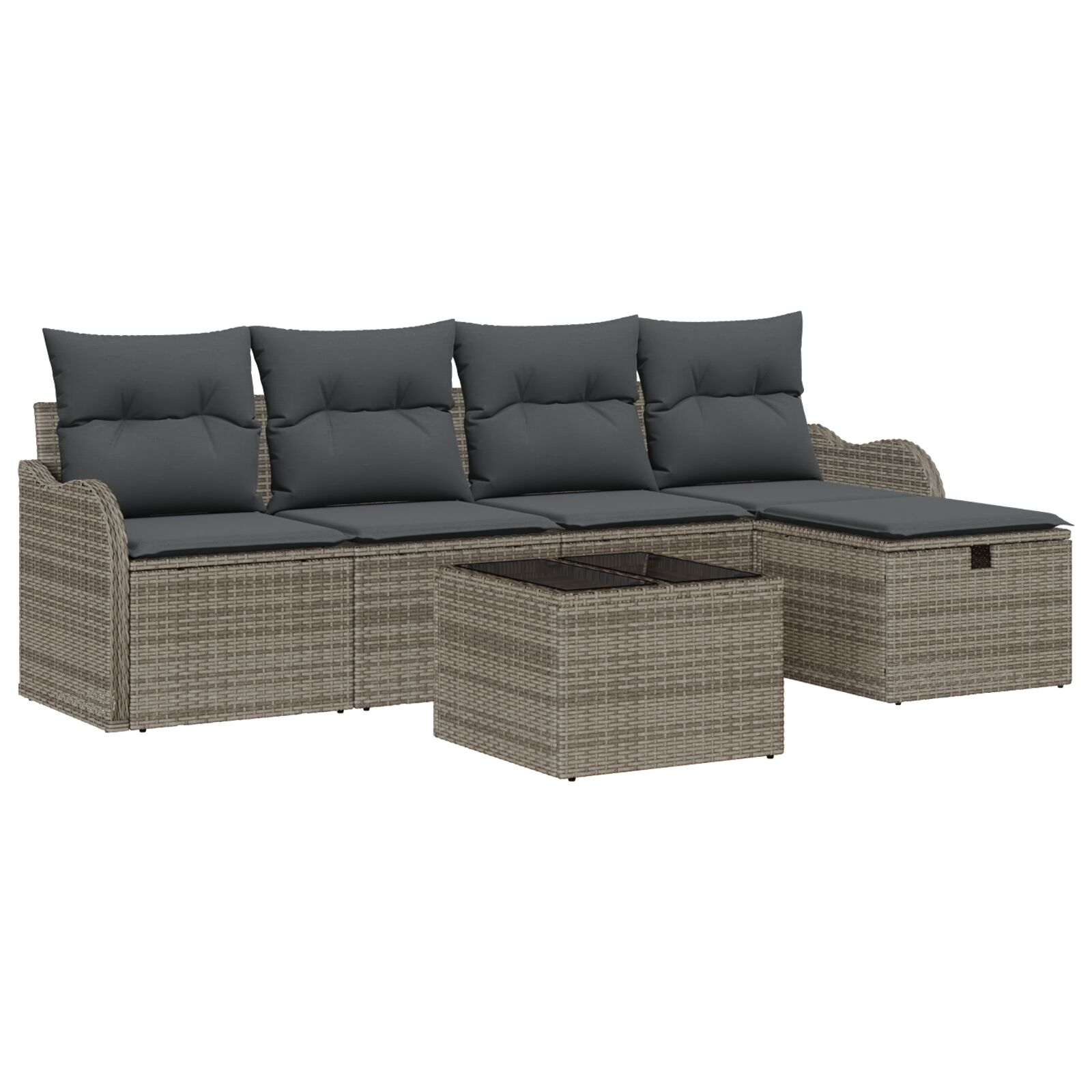 6-teiliges Garten Sofa Set mit Kissen Grau Poly Rattan, 2-Sitzer Garten Sofa mit Stauraum & Kissen Grau Poly Rattan