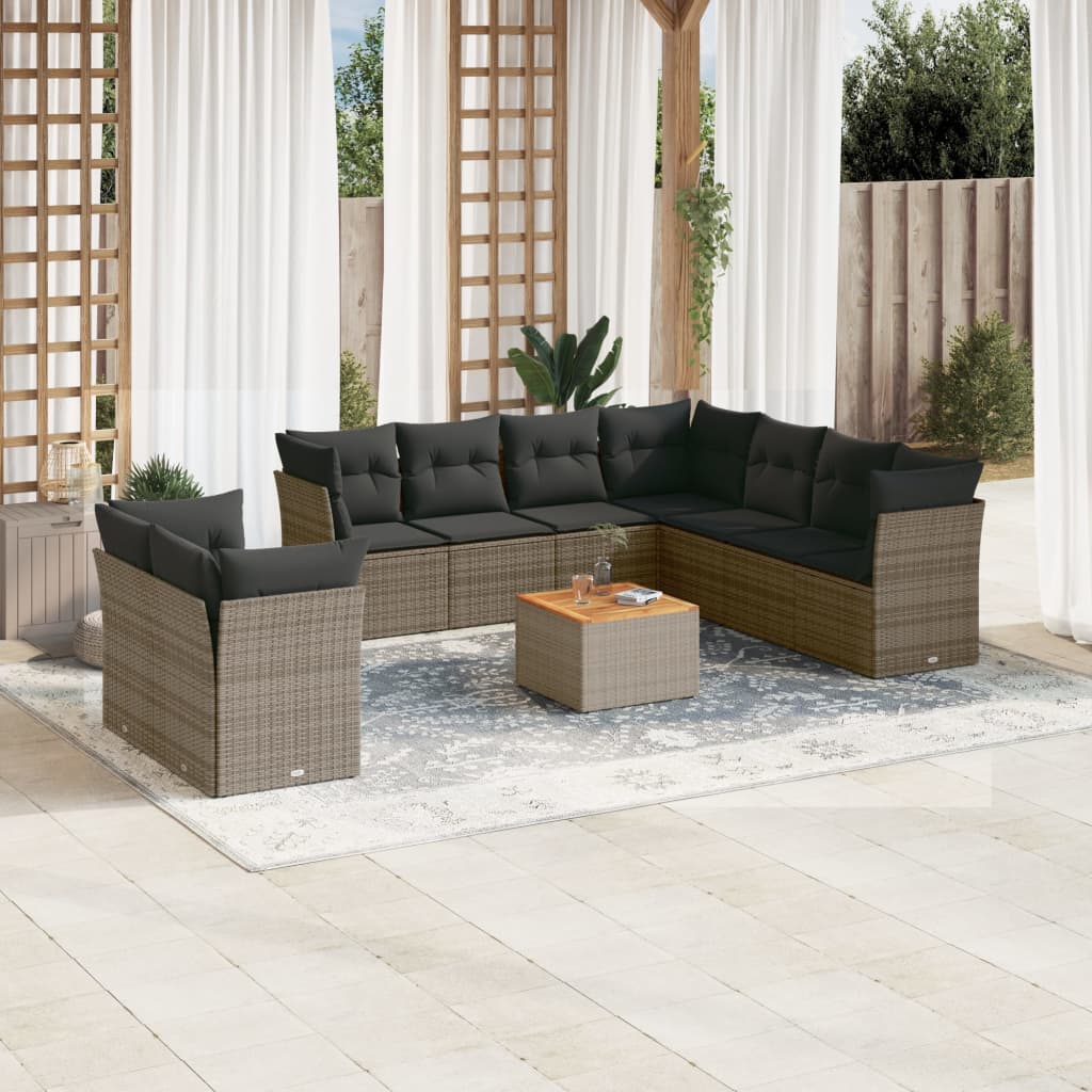 10-tlg. Garten-Sofagarnitur mit Kissen Grau Poly Rattan 10-tlg. Garten-Sofagarnitur mit Kissen Grau Poly Rattan