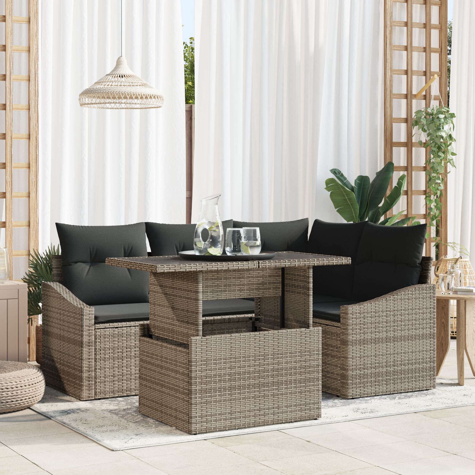 5-teiliges Garten-Sofaset mit Kissen Grau Poly Rattan 5-teiliges Garten-Sofaset mit Kissen Grau Poly Rattan