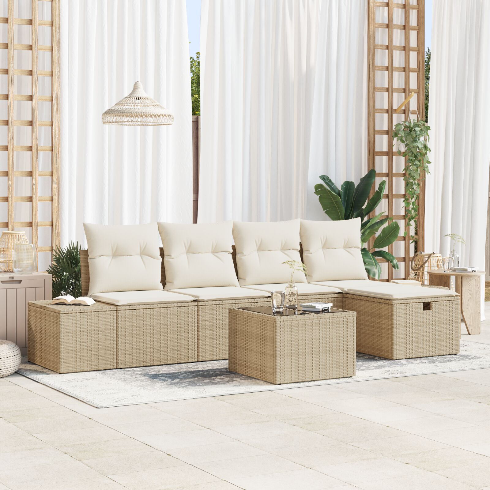6-teiliges Garten-Sofa-Set mit Kissen Beige Poly-Rattan 6-teiliges Garten-Sofa-Set mit Kissen Beige Poly-Rattan