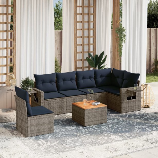 7-teiliges Gartensofa-Set mit Kissen, grau, Polyrattan 7-teiliges Gartensofa-Set mit Kissen, grau, Polyrattan