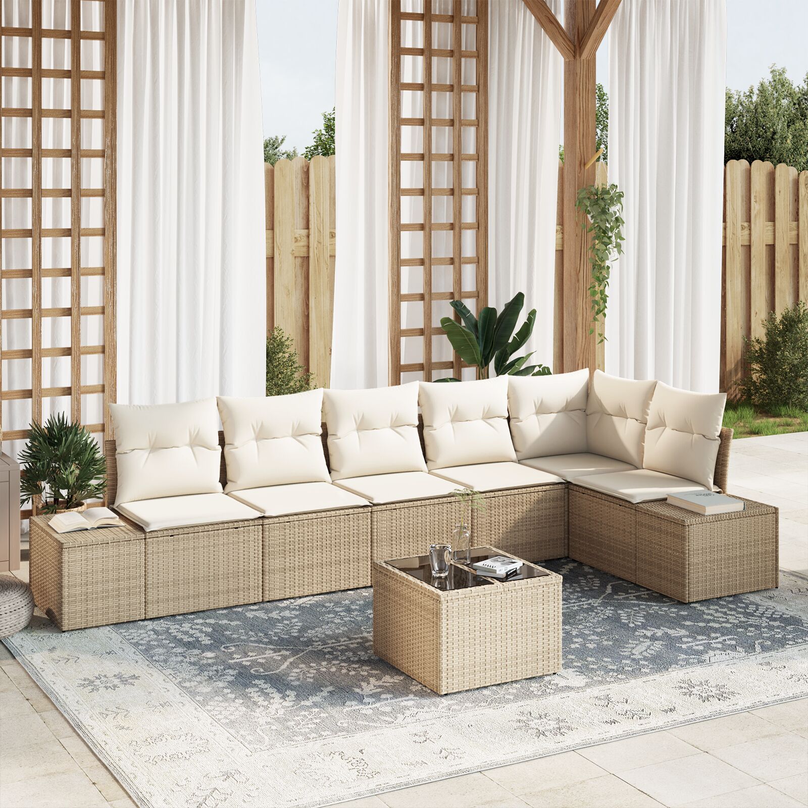 7-teiliges Garten Sofa Set mit Kissen, braunes Poly Rattan